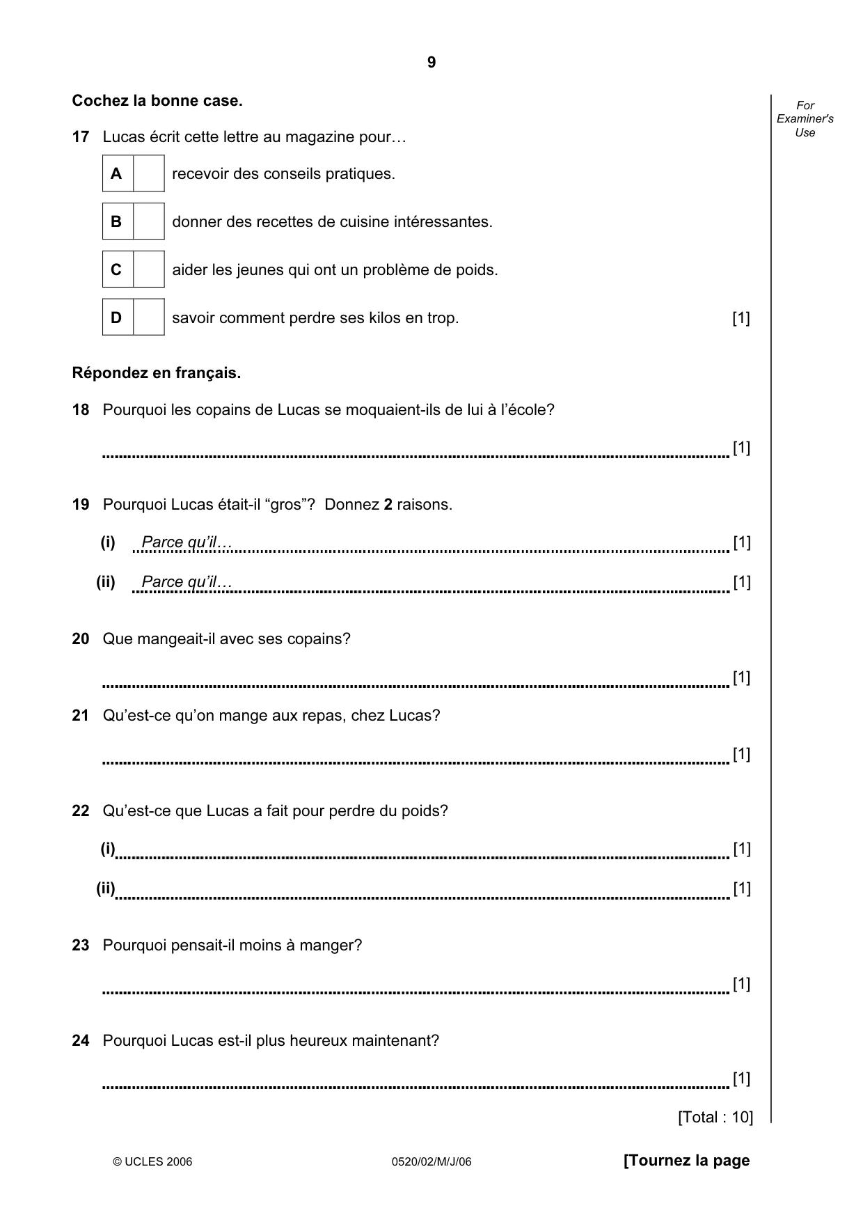 Cambridge IGCSE French - Foreign Language 0520 2006 May/June Paper 2 · Variant 1 question paper, page 9 of 16