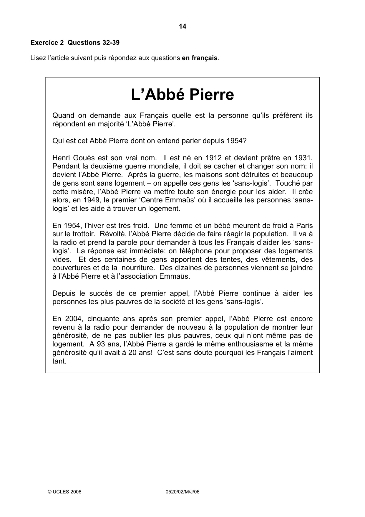 Cambridge IGCSE French - Foreign Language 0520 2006 May/June Paper 2 · Variant 1 question paper, page 14 of 16