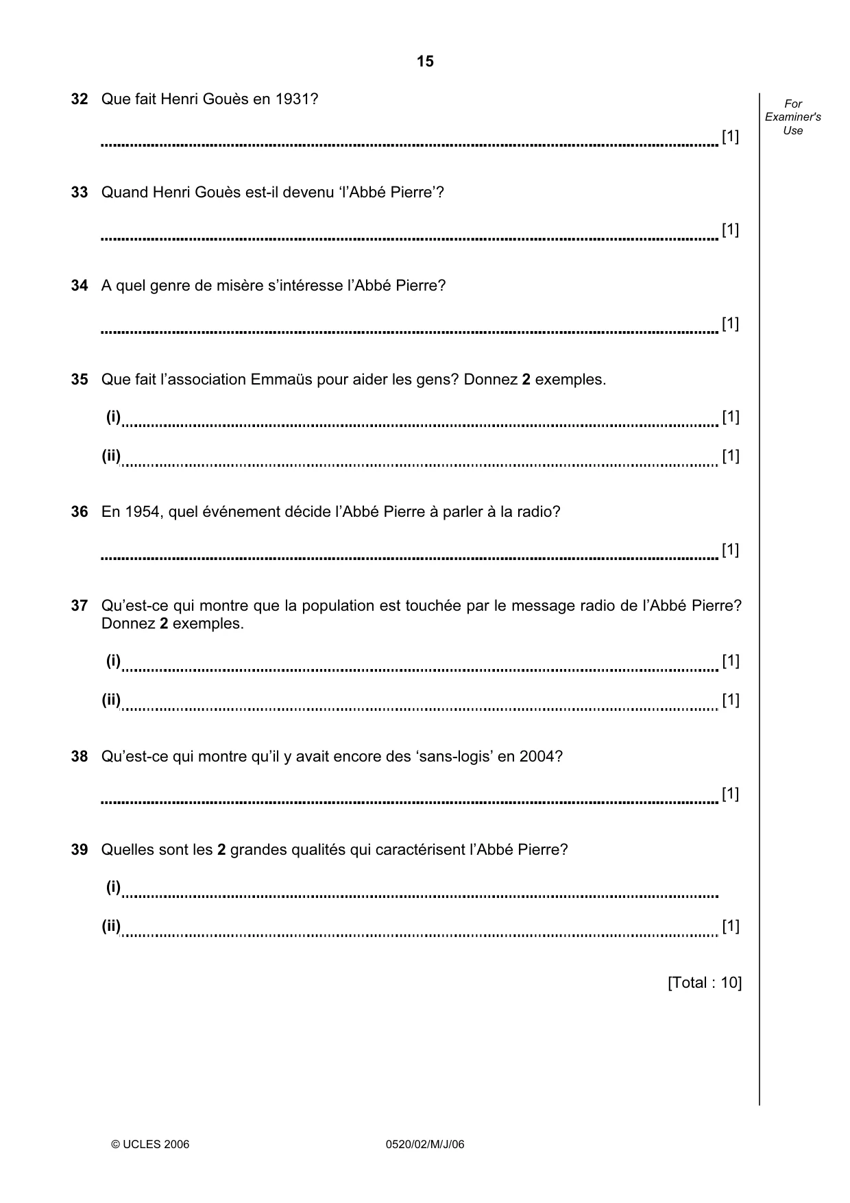 Cambridge IGCSE French - Foreign Language 0520 2006 May/June Paper 2 · Variant 1 question paper, page 15 of 16
