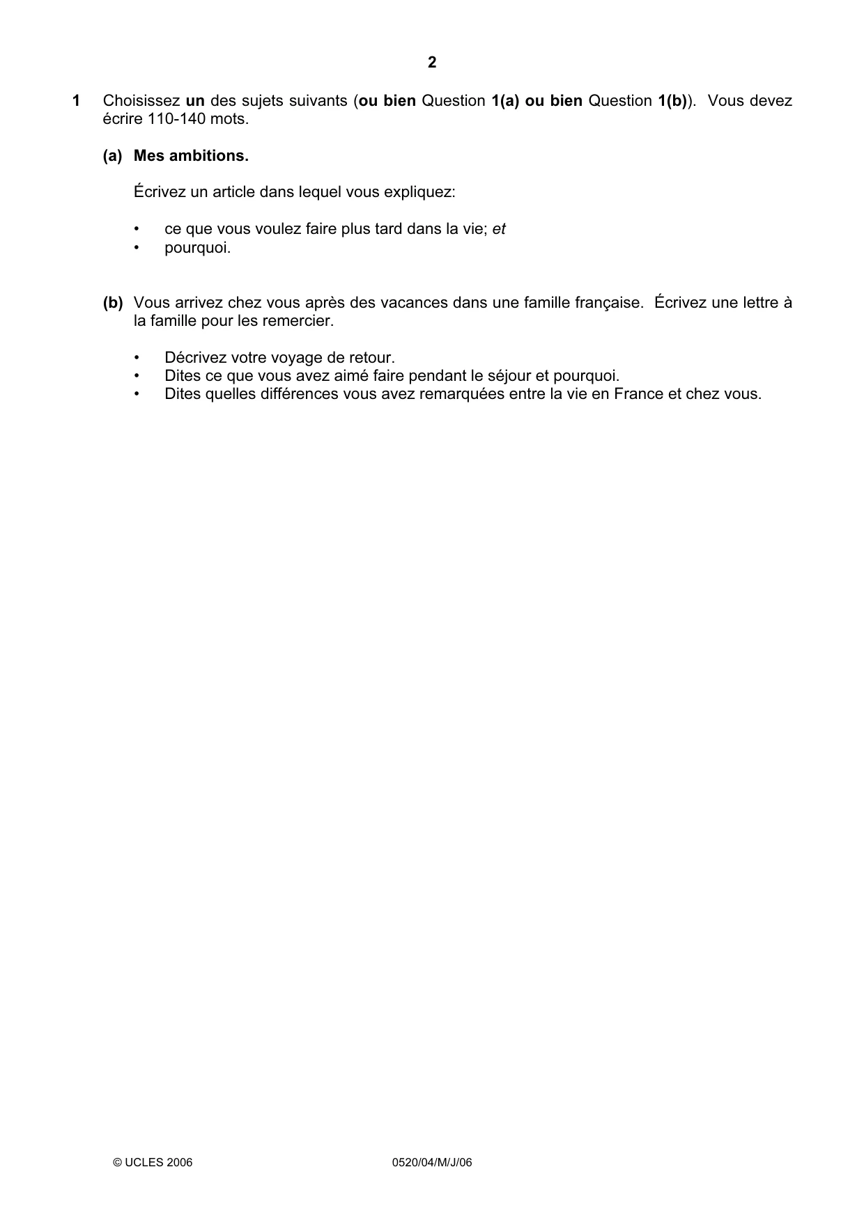 Cambridge IGCSE French - Foreign Language 0520 2006 May/June Paper 4 · Variant 1 question paper, page 2 of 4