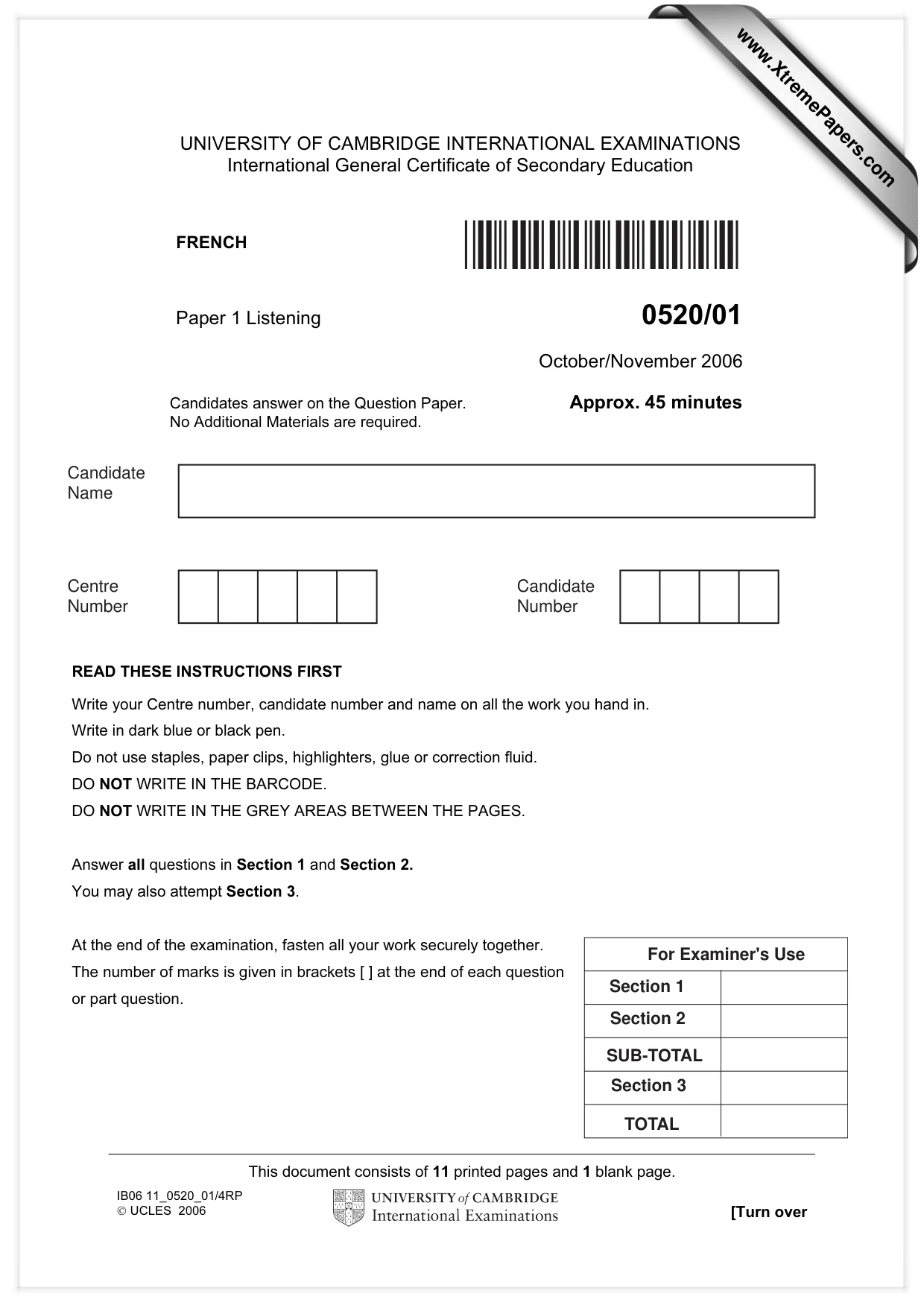 Cambridge IGCSE French - Foreign Language 0520 2006 Oct/Nov Paper 1 · Variant 1 question paper, page 1 of 12
