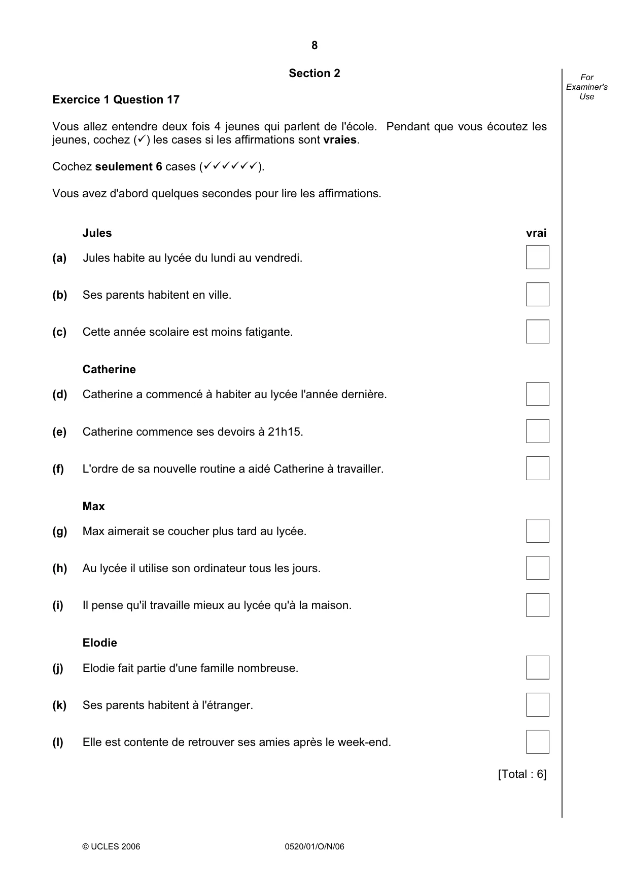 Cambridge IGCSE French - Foreign Language 0520 2006 Oct/Nov Paper 1 · Variant 1 question paper, page 8 of 12