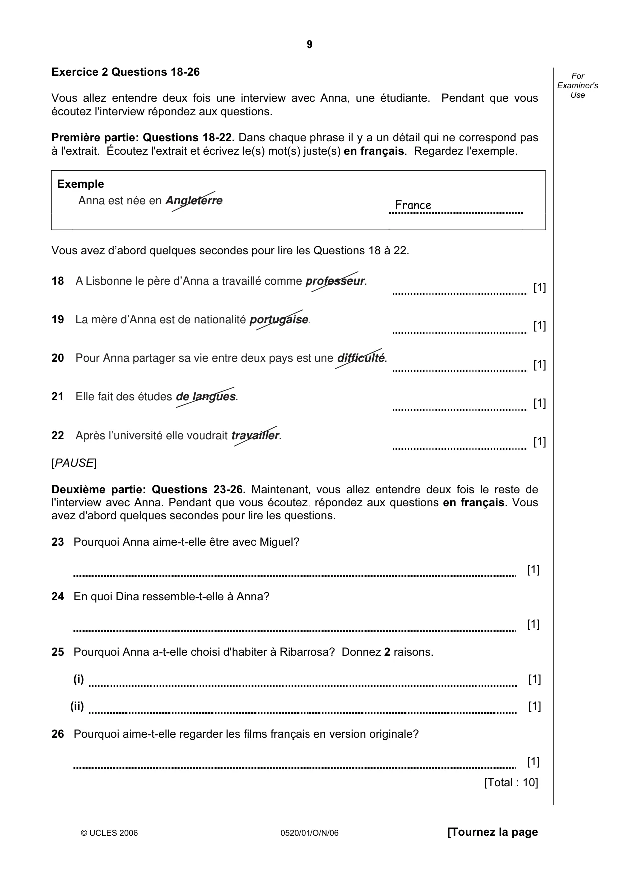 Cambridge IGCSE French - Foreign Language 0520 2006 Oct/Nov Paper 1 · Variant 1 question paper, page 9 of 12
