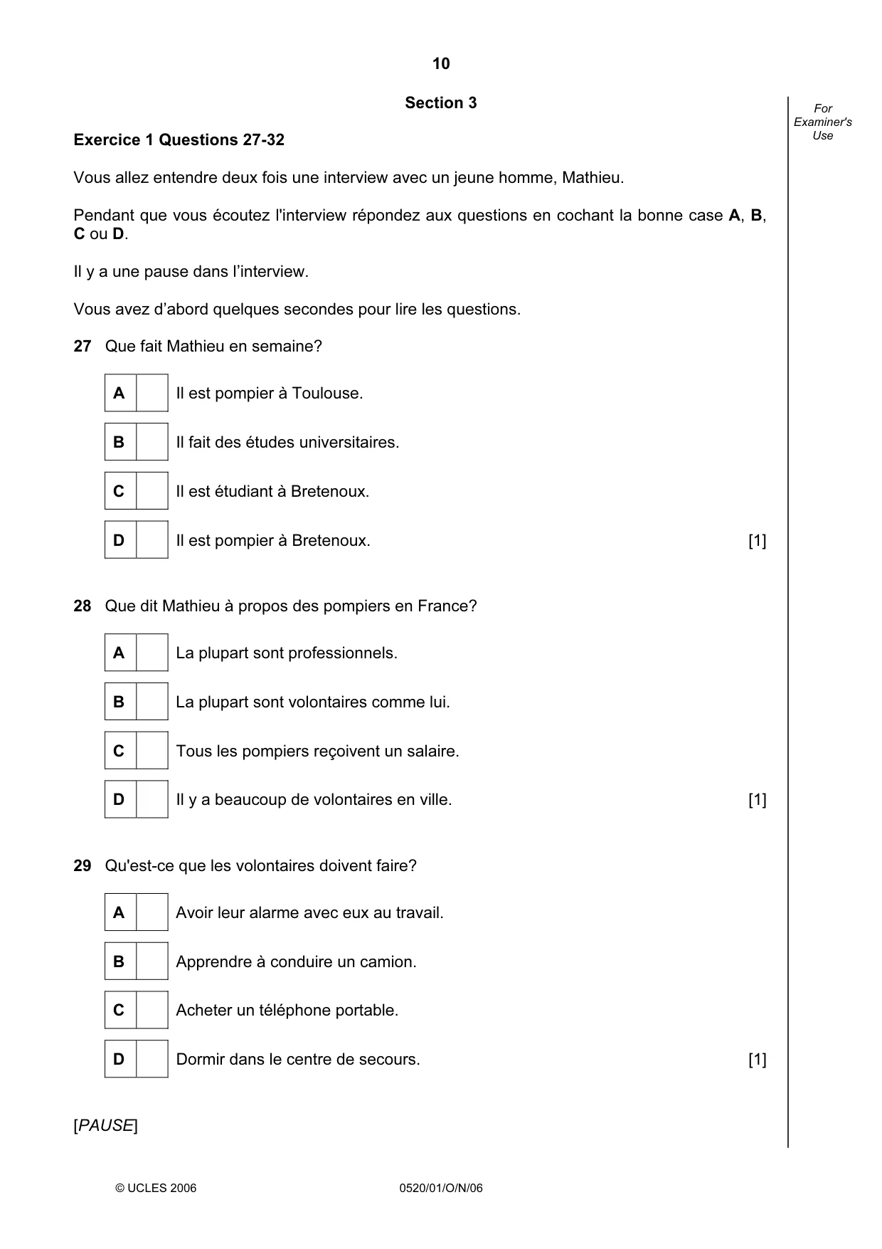 Cambridge IGCSE French - Foreign Language 0520 2006 Oct/Nov Paper 1 · Variant 1 question paper, page 10 of 12