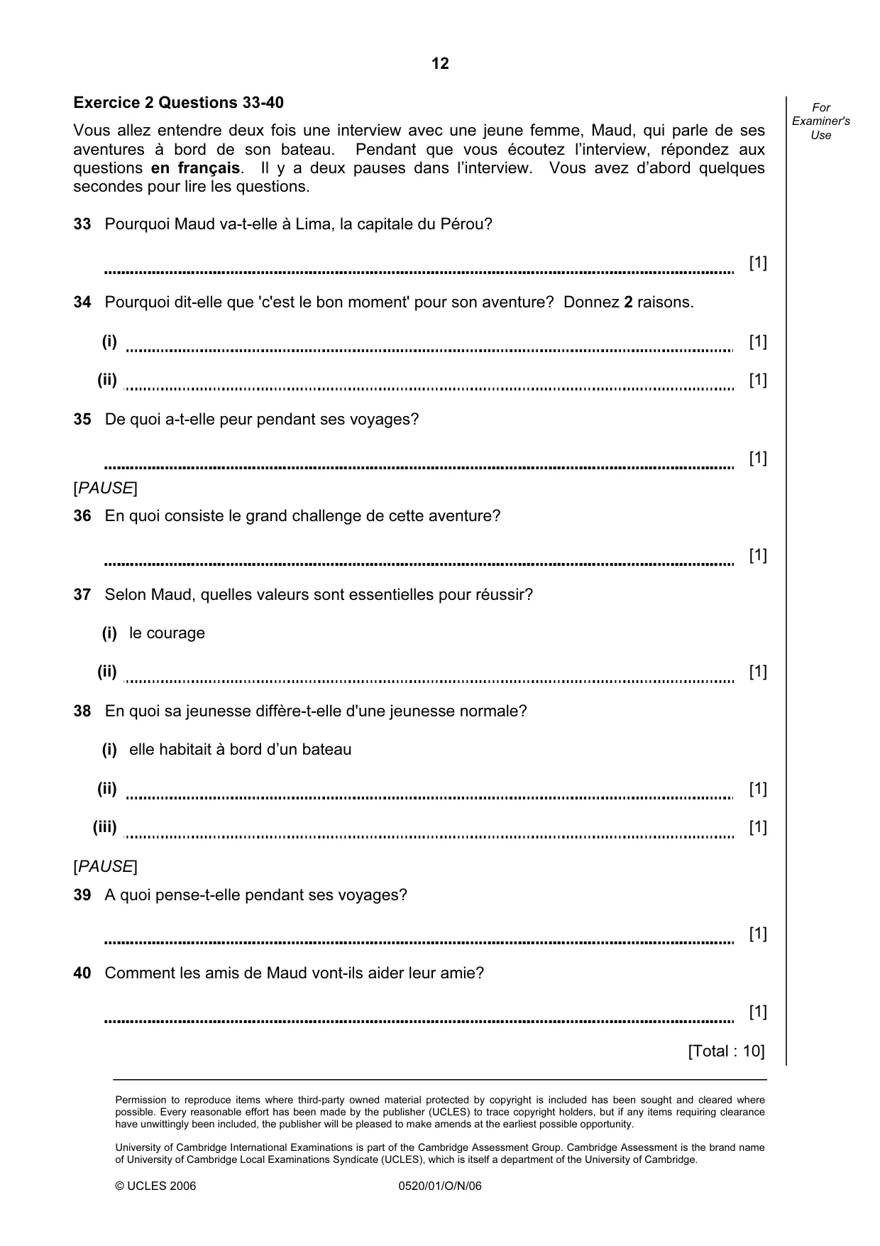 Cambridge IGCSE French - Foreign Language 0520 2006 Oct/Nov Paper 1 · Variant 1 question paper, page 12 of 12