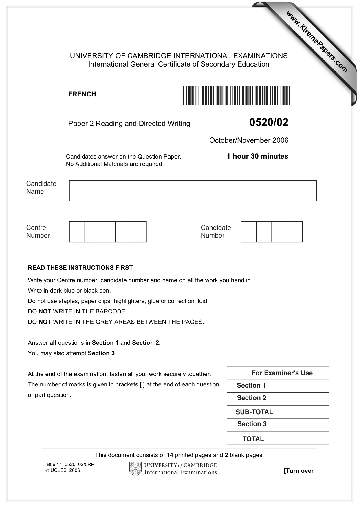Cambridge IGCSE French - Foreign Language 0520 2006 Oct/Nov Paper 2 · Variant 1 question paper, page 1 of 16
