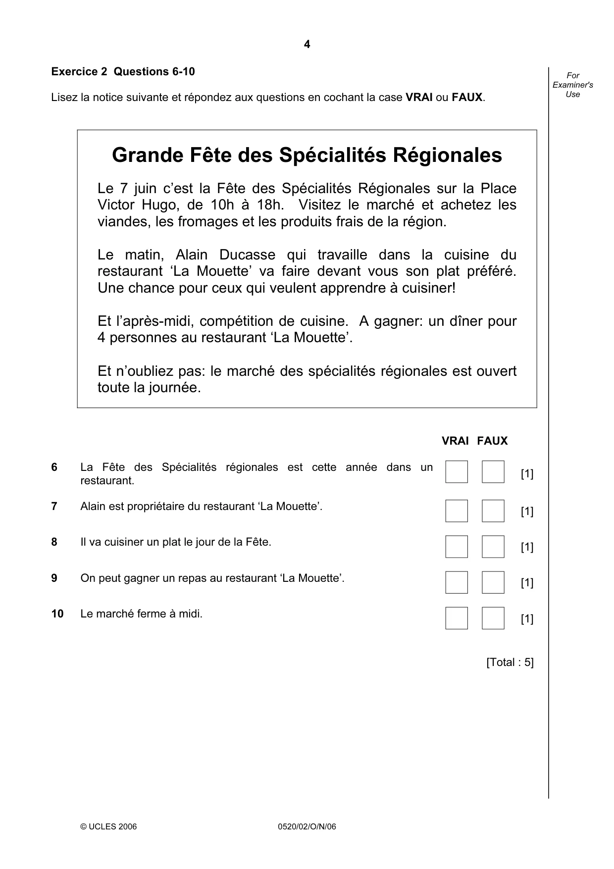 Cambridge IGCSE French - Foreign Language 0520 2006 Oct/Nov Paper 2 · Variant 1 question paper, page 4 of 16