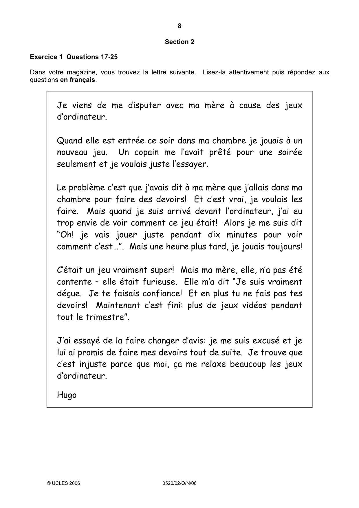 Cambridge IGCSE French - Foreign Language 0520 2006 Oct/Nov Paper 2 · Variant 1 question paper, page 8 of 16