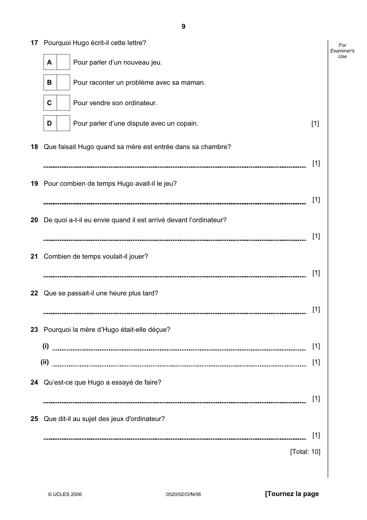 Cambridge IGCSE French - Foreign Language 0520 2006 Oct/Nov Paper 2 · Variant 1 question paper, page 9 of 16