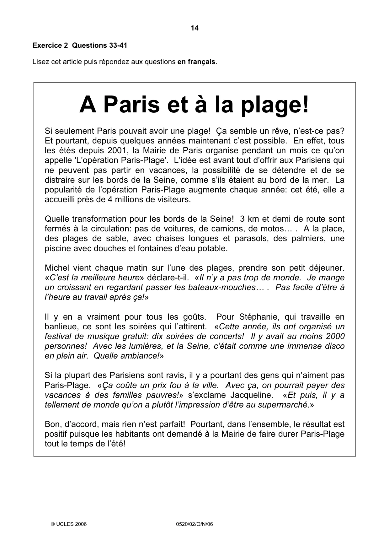Cambridge IGCSE French - Foreign Language 0520 2006 Oct/Nov Paper 2 · Variant 1 question paper, page 14 of 16