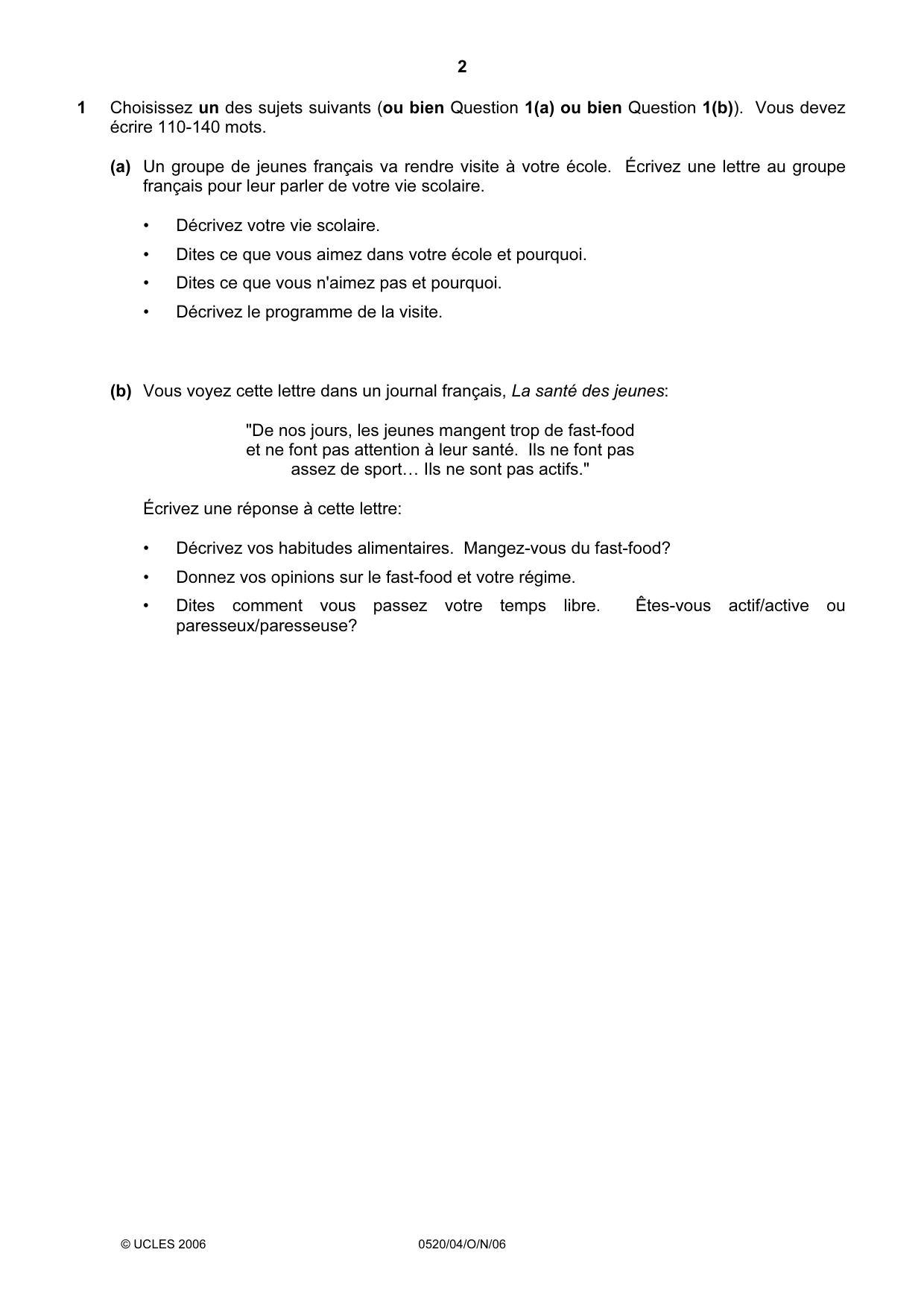 Cambridge IGCSE French - Foreign Language 0520 2006 Oct/Nov Paper 4 · Variant 1 question paper, page 2 of 4