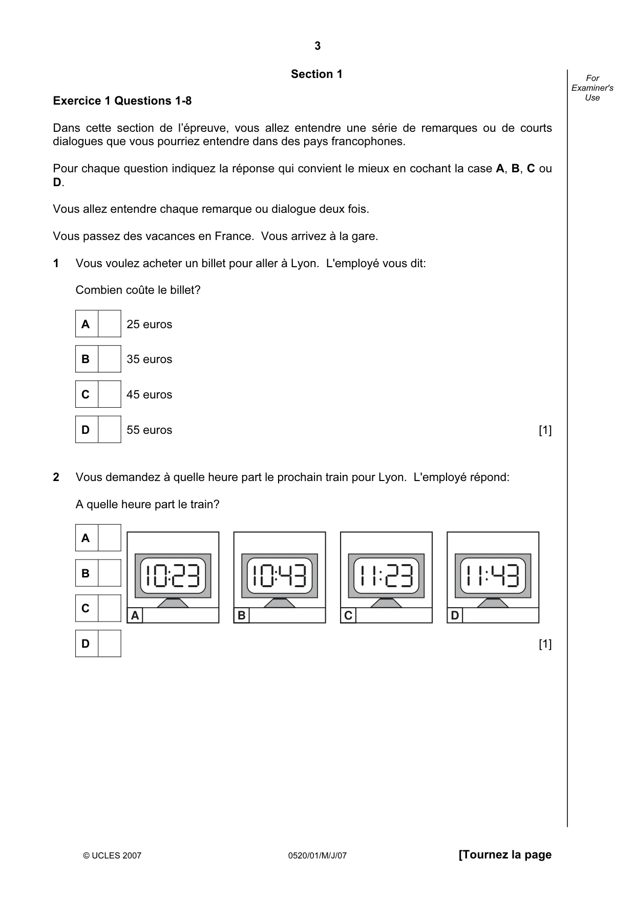 Cambridge IGCSE French - Foreign Language 0520 2007 May/June Paper 1 · Variant 1 question paper, page 3 of 12