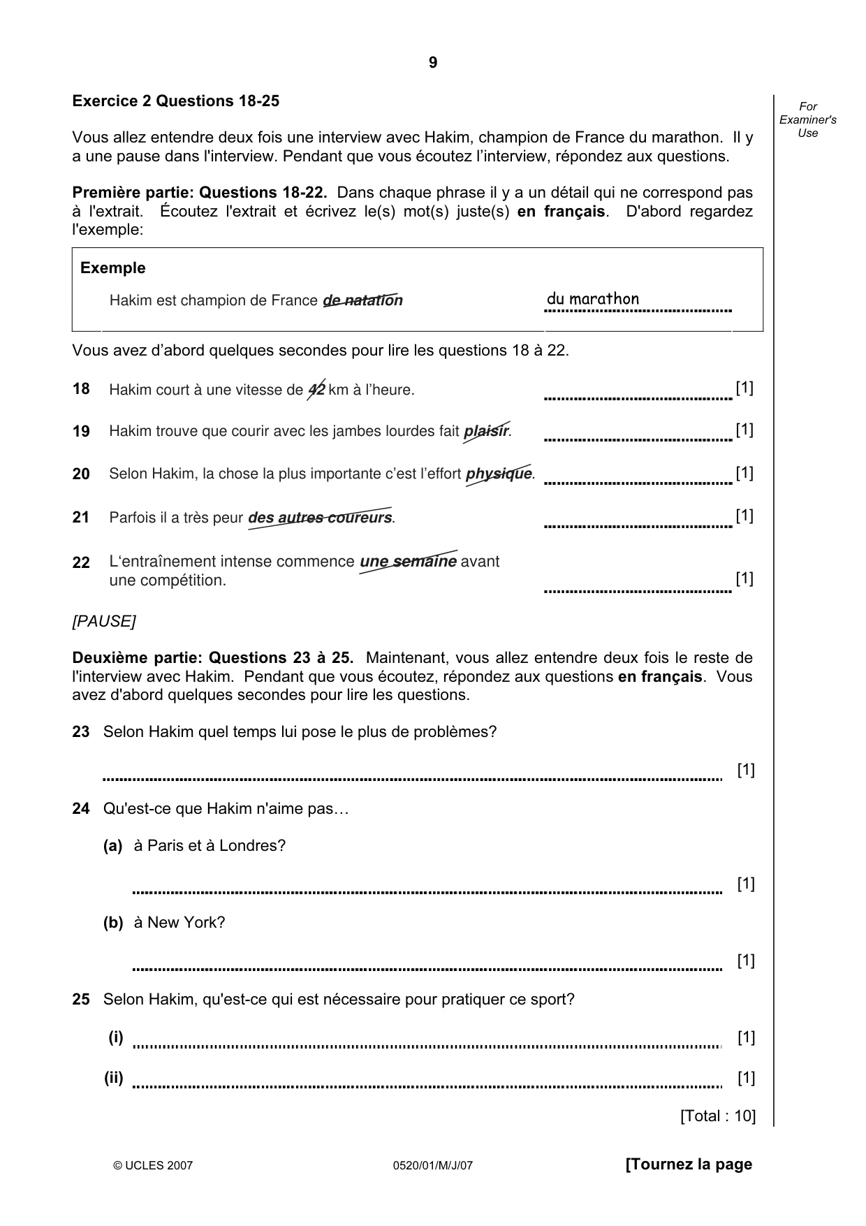 Cambridge IGCSE French - Foreign Language 0520 2007 May/June Paper 1 · Variant 1 question paper, page 9 of 12