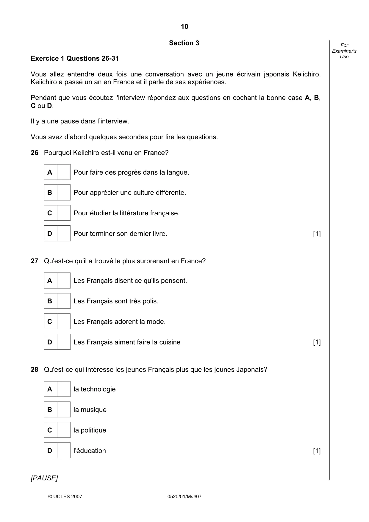 Cambridge IGCSE French - Foreign Language 0520 2007 May/June Paper 1 · Variant 1 question paper, page 10 of 12