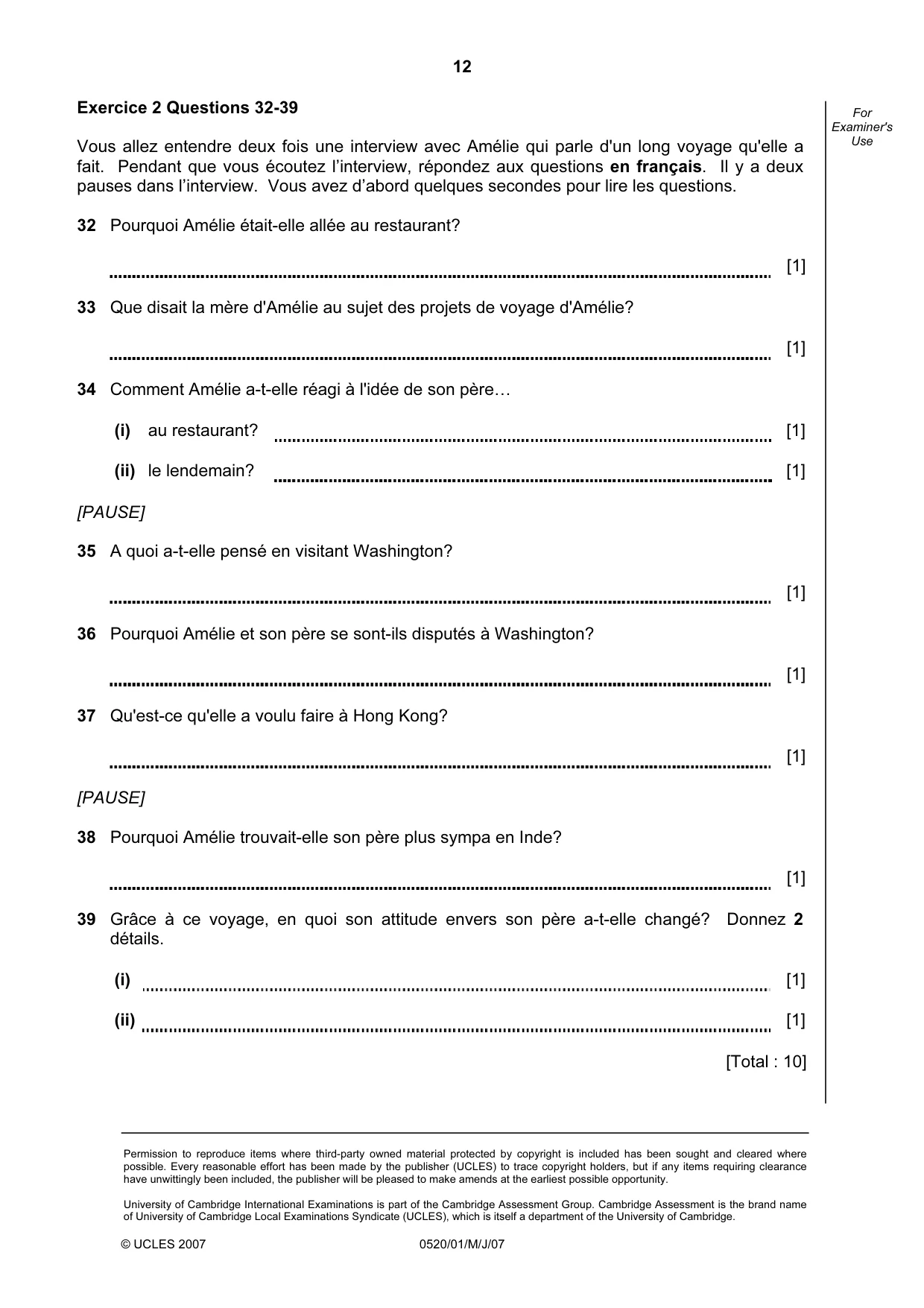 Cambridge IGCSE French - Foreign Language 0520 2007 May/June Paper 1 · Variant 1 question paper, page 12 of 12