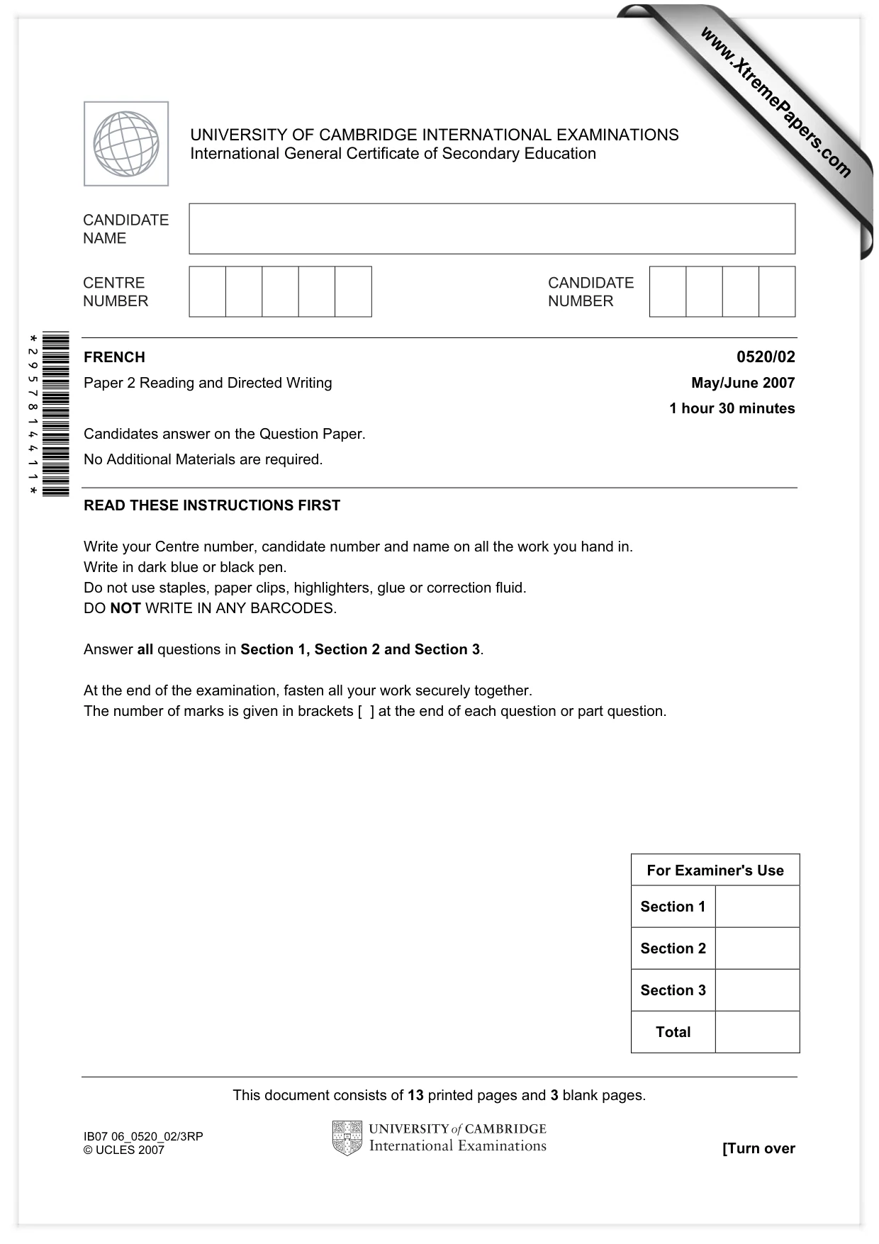 Cambridge IGCSE French - Foreign Language 0520 2007 May/June Paper 2 · Variant 1 question paper, page 1 of 16