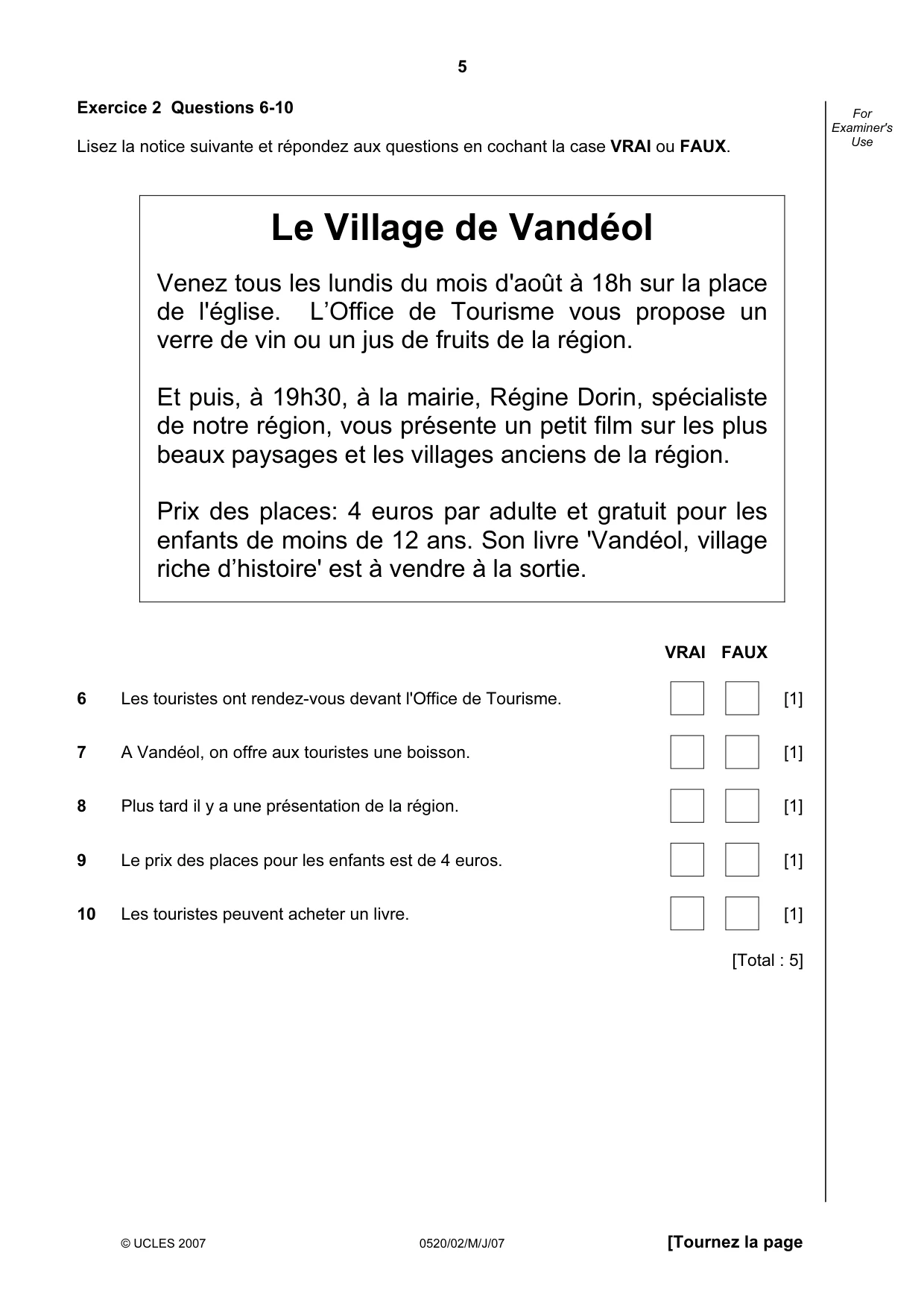 Cambridge IGCSE French - Foreign Language 0520 2007 May/June Paper 2 · Variant 1 question paper, page 5 of 16