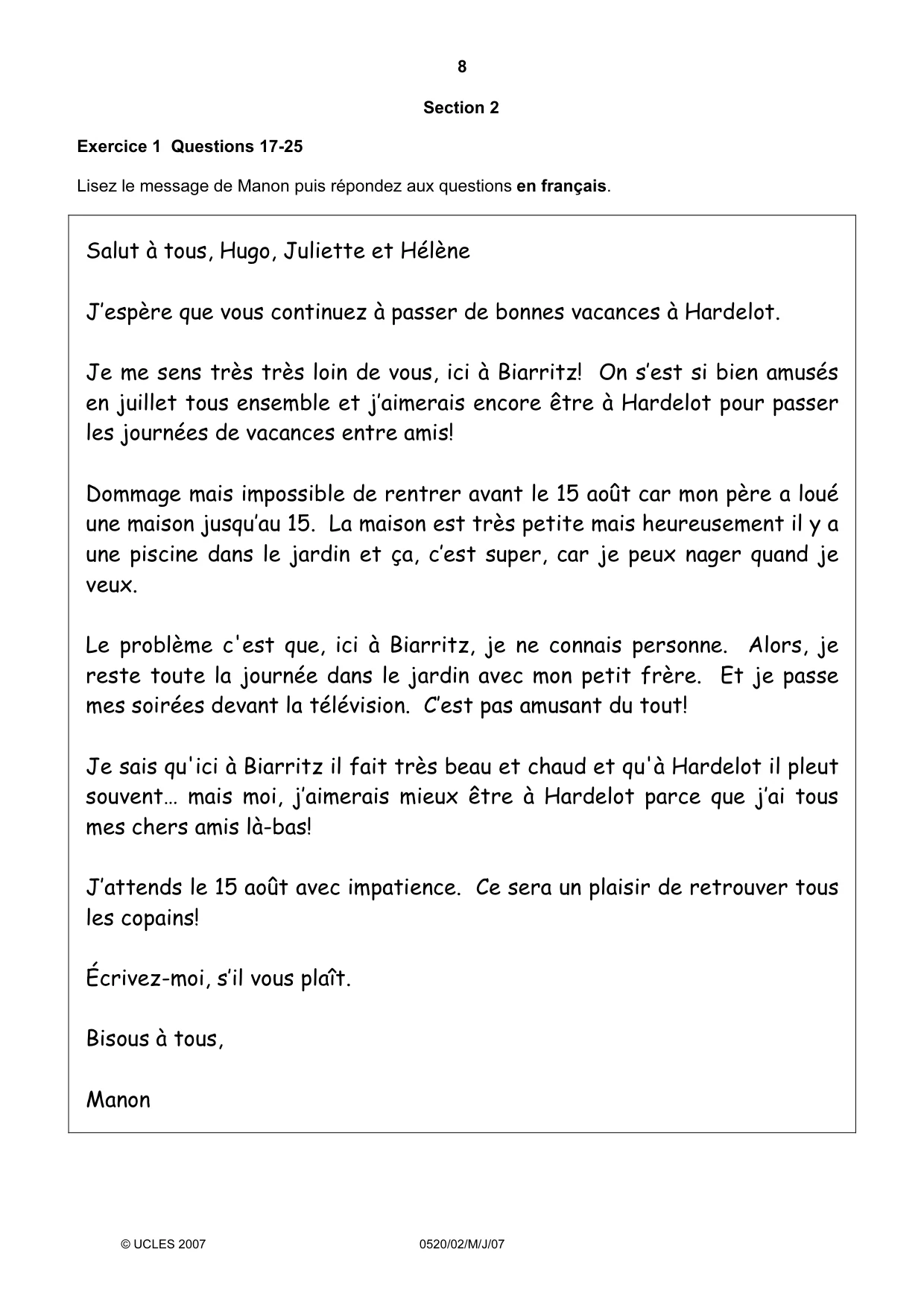 Cambridge IGCSE French - Foreign Language 0520 2007 May/June Paper 2 · Variant 1 question paper, page 8 of 16