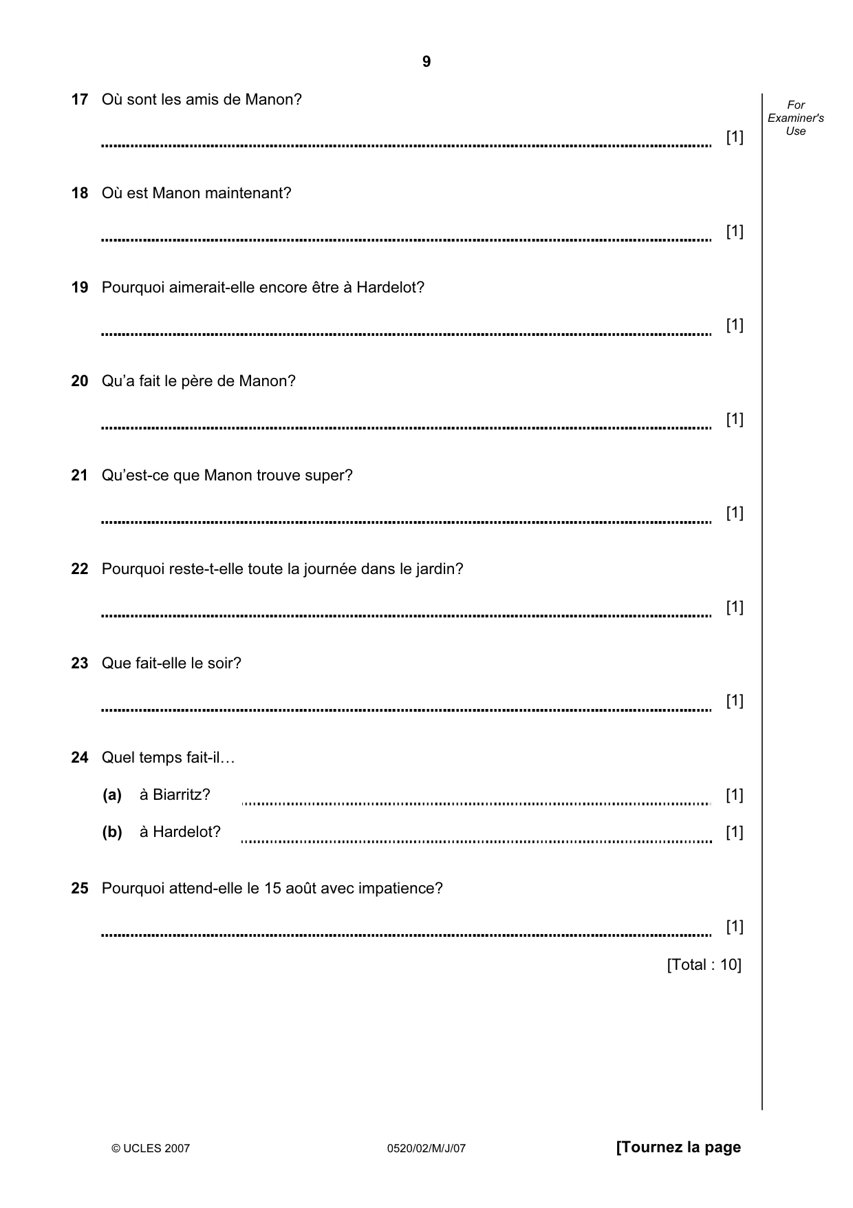 Cambridge IGCSE French - Foreign Language 0520 2007 May/June Paper 2 · Variant 1 question paper, page 9 of 16