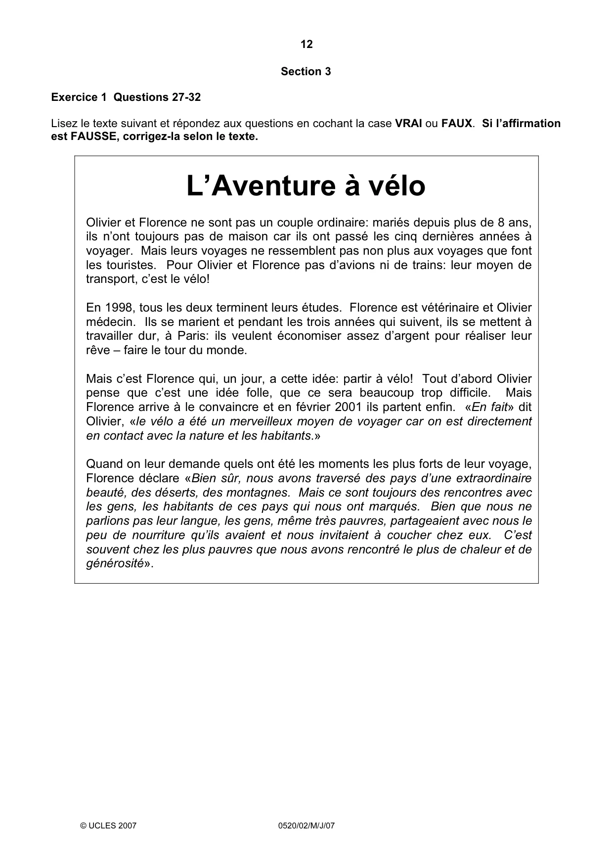 Cambridge IGCSE French - Foreign Language 0520 2007 May/June Paper 2 · Variant 1 question paper, page 12 of 16