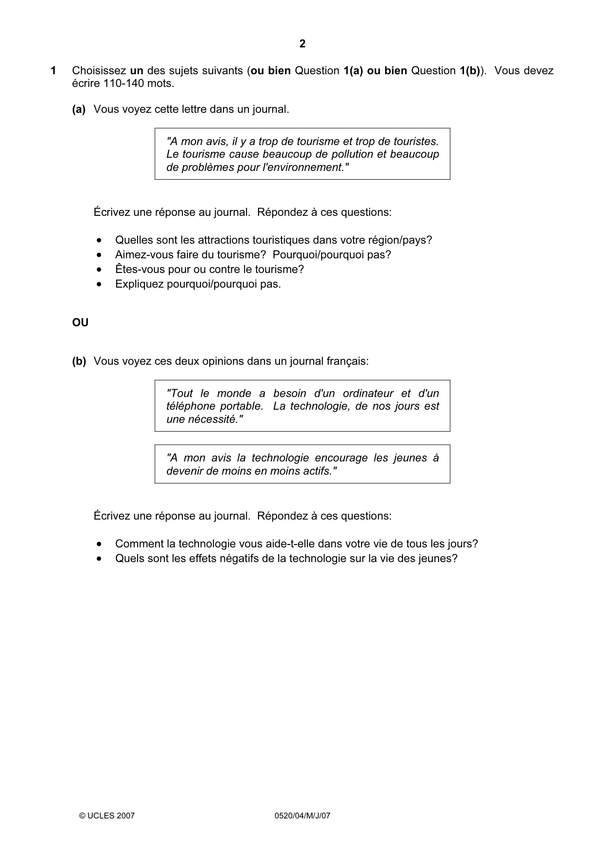 Cambridge IGCSE French - Foreign Language 0520 2007 May/June Paper 4 · Variant 1 question paper, page 2 of 4