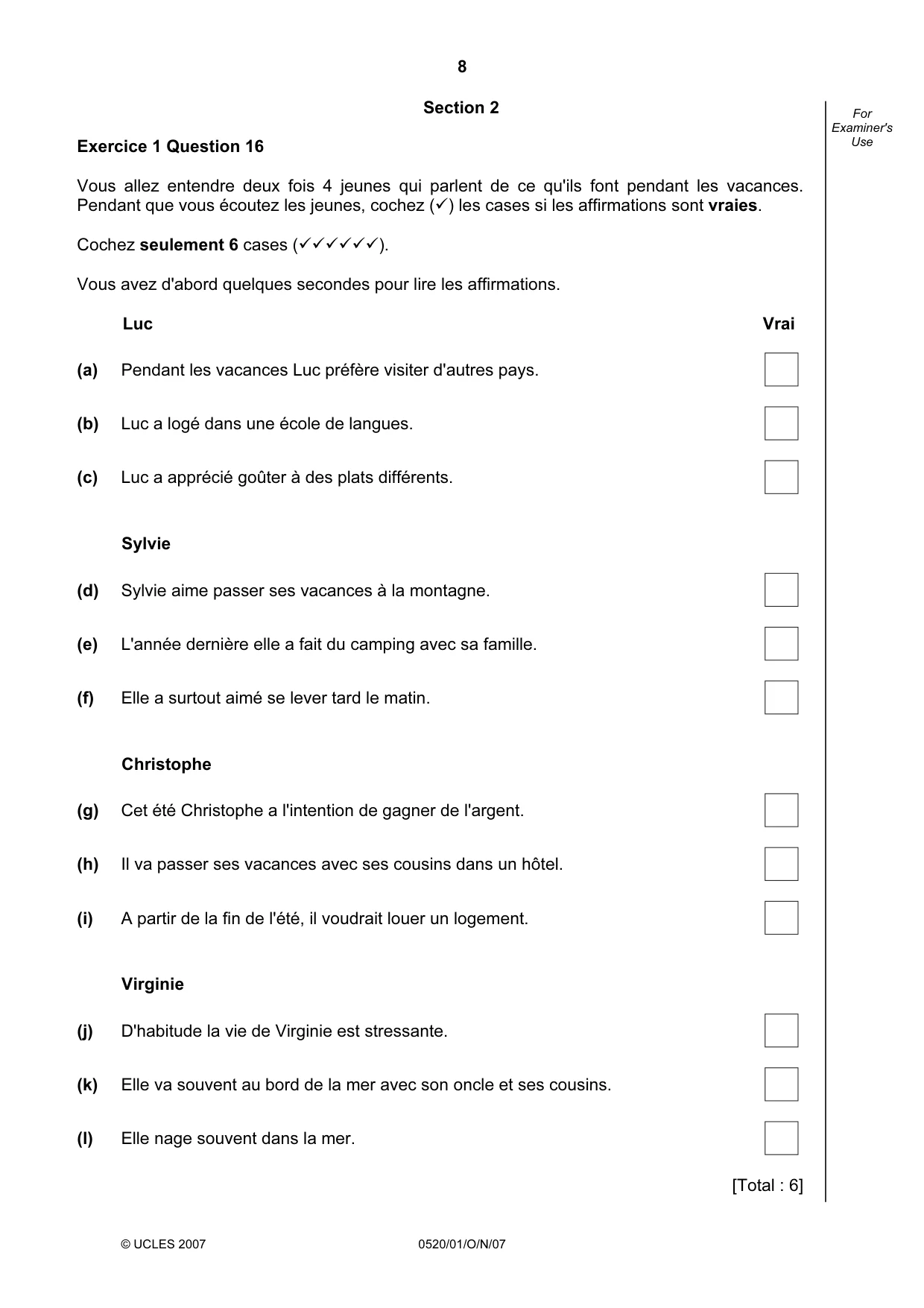Cambridge IGCSE French - Foreign Language 0520 2007 Oct/Nov Paper 1 · Variant 1 question paper, page 8 of 12