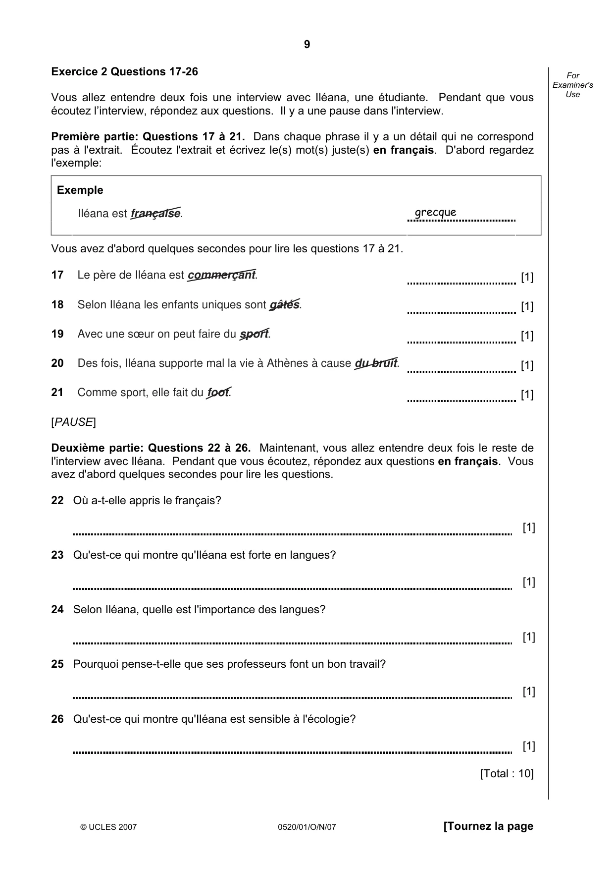 Cambridge IGCSE French - Foreign Language 0520 2007 Oct/Nov Paper 1 · Variant 1 question paper, page 9 of 12