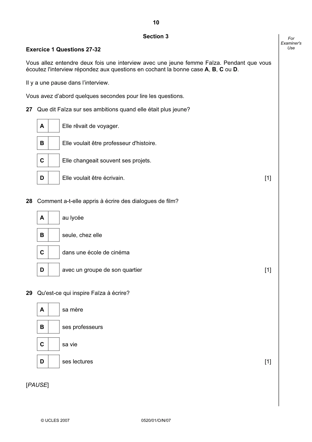 Cambridge IGCSE French - Foreign Language 0520 2007 Oct/Nov Paper 1 · Variant 1 question paper, page 10 of 12