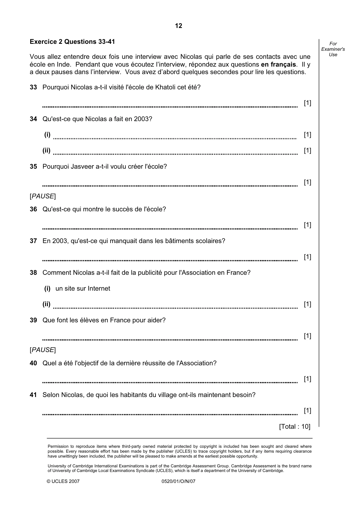 Cambridge IGCSE French - Foreign Language 0520 2007 Oct/Nov Paper 1 · Variant 1 question paper, page 12 of 12