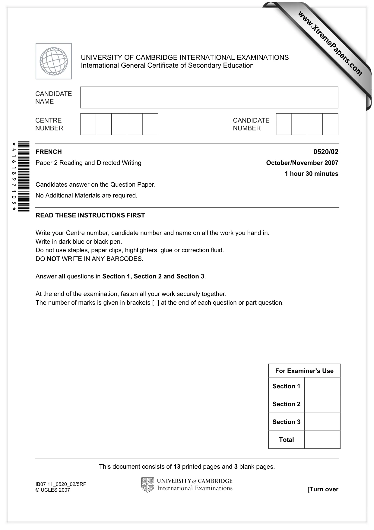 Cambridge IGCSE French - Foreign Language 0520 2007 Oct/Nov Paper 2 · Variant 1 question paper, page 1 of 16