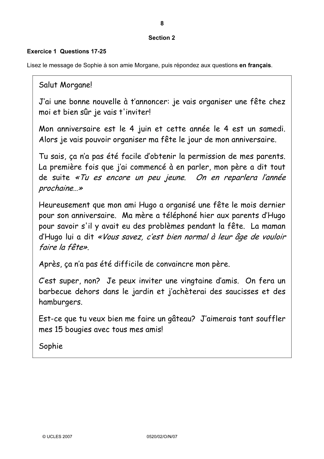 Cambridge IGCSE French - Foreign Language 0520 2007 Oct/Nov Paper 2 · Variant 1 question paper, page 8 of 16
