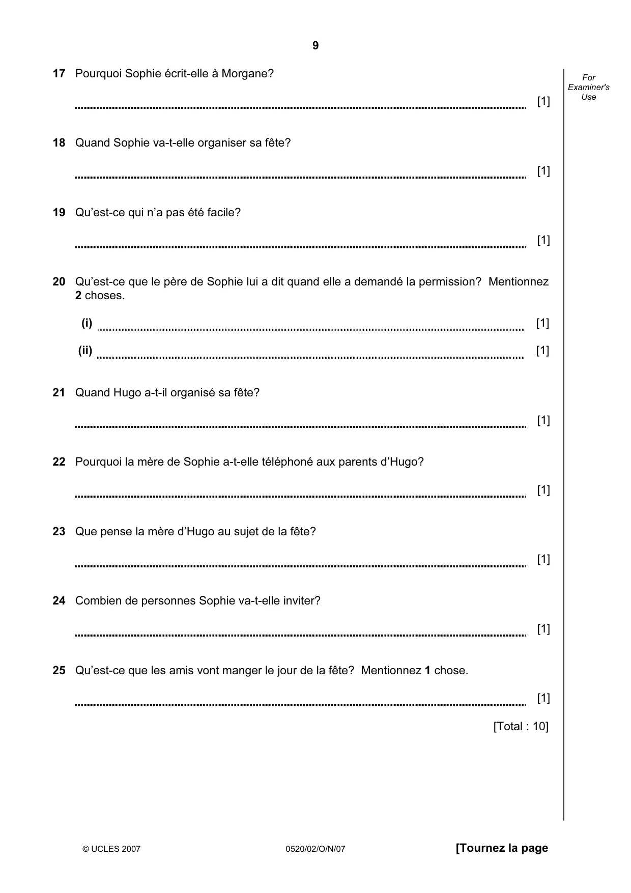 Cambridge IGCSE French - Foreign Language 0520 2007 Oct/Nov Paper 2 · Variant 1 question paper, page 9 of 16