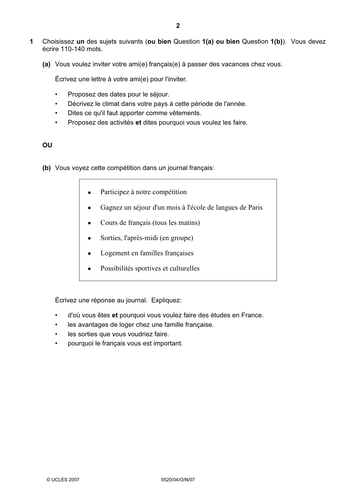 Cambridge IGCSE French - Foreign Language 0520 2007 Oct/Nov Paper 4 · Variant 1 question paper, page 2 of 4