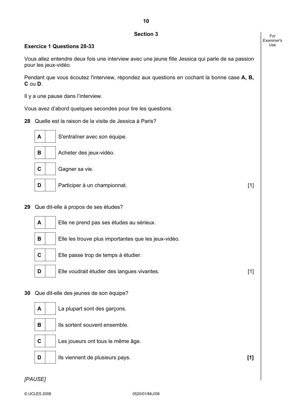 Cambridge IGCSE French - Foreign Language 0520 2008 May/June Paper 1 · Variant 1 question paper, page 10 of 12