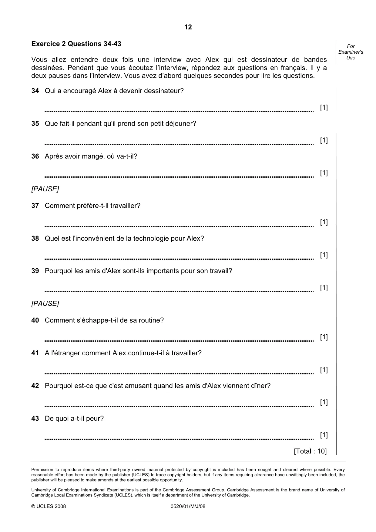 Cambridge IGCSE French - Foreign Language 0520 2008 May/June Paper 1 · Variant 1 question paper, page 12 of 12