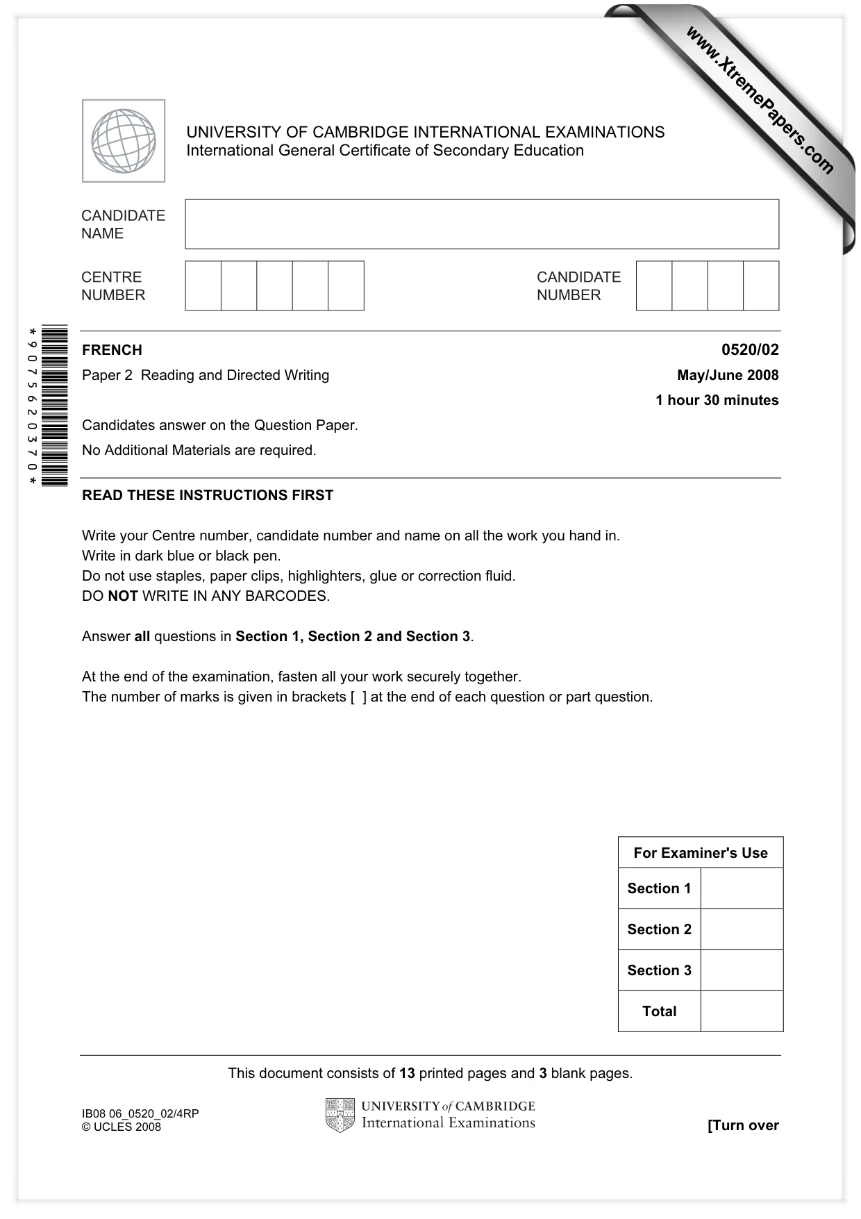 Cambridge IGCSE French - Foreign Language 0520 2008 May/June Paper 2 · Variant 1 question paper, page 1 of 16