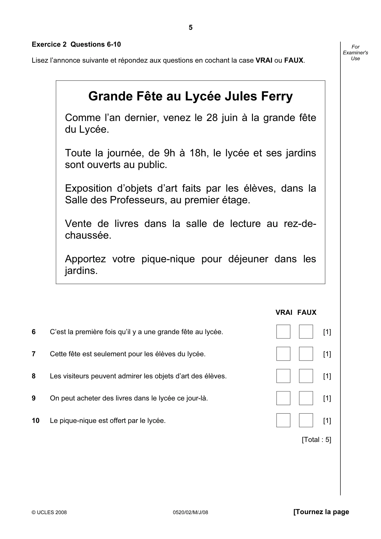 Cambridge IGCSE French - Foreign Language 0520 2008 May/June Paper 2 · Variant 1 question paper, page 5 of 16
