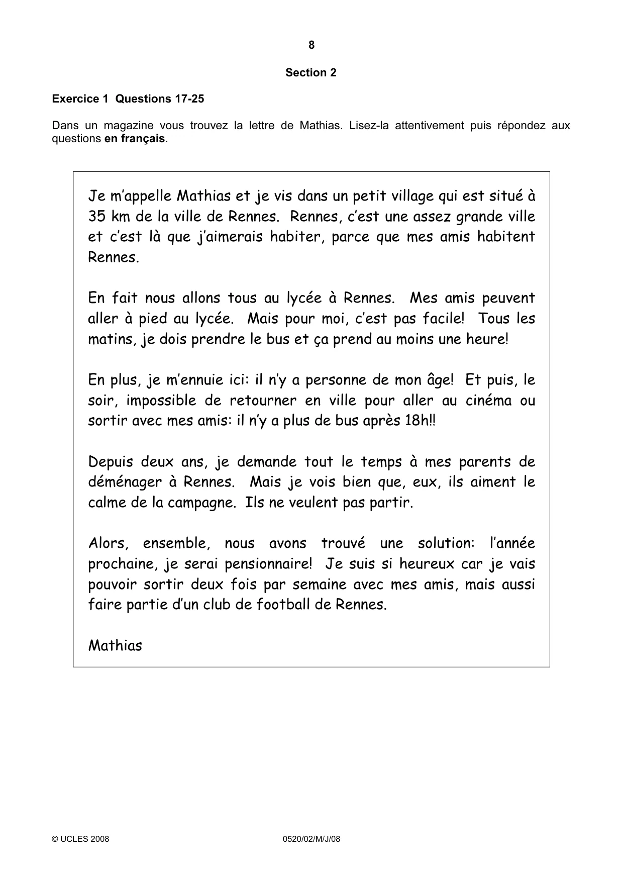 Cambridge IGCSE French - Foreign Language 0520 2008 May/June Paper 2 · Variant 1 question paper, page 8 of 16