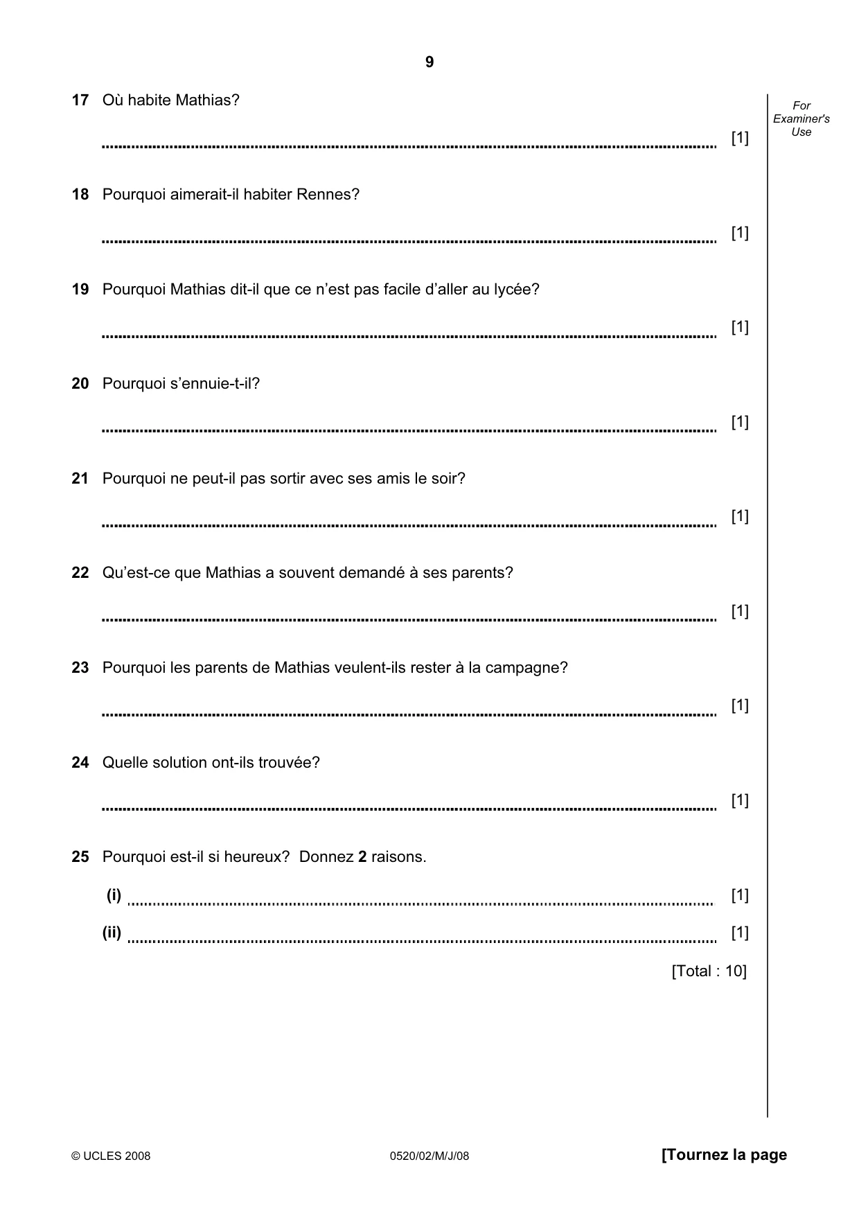 Cambridge IGCSE French - Foreign Language 0520 2008 May/June Paper 2 · Variant 1 question paper, page 9 of 16
