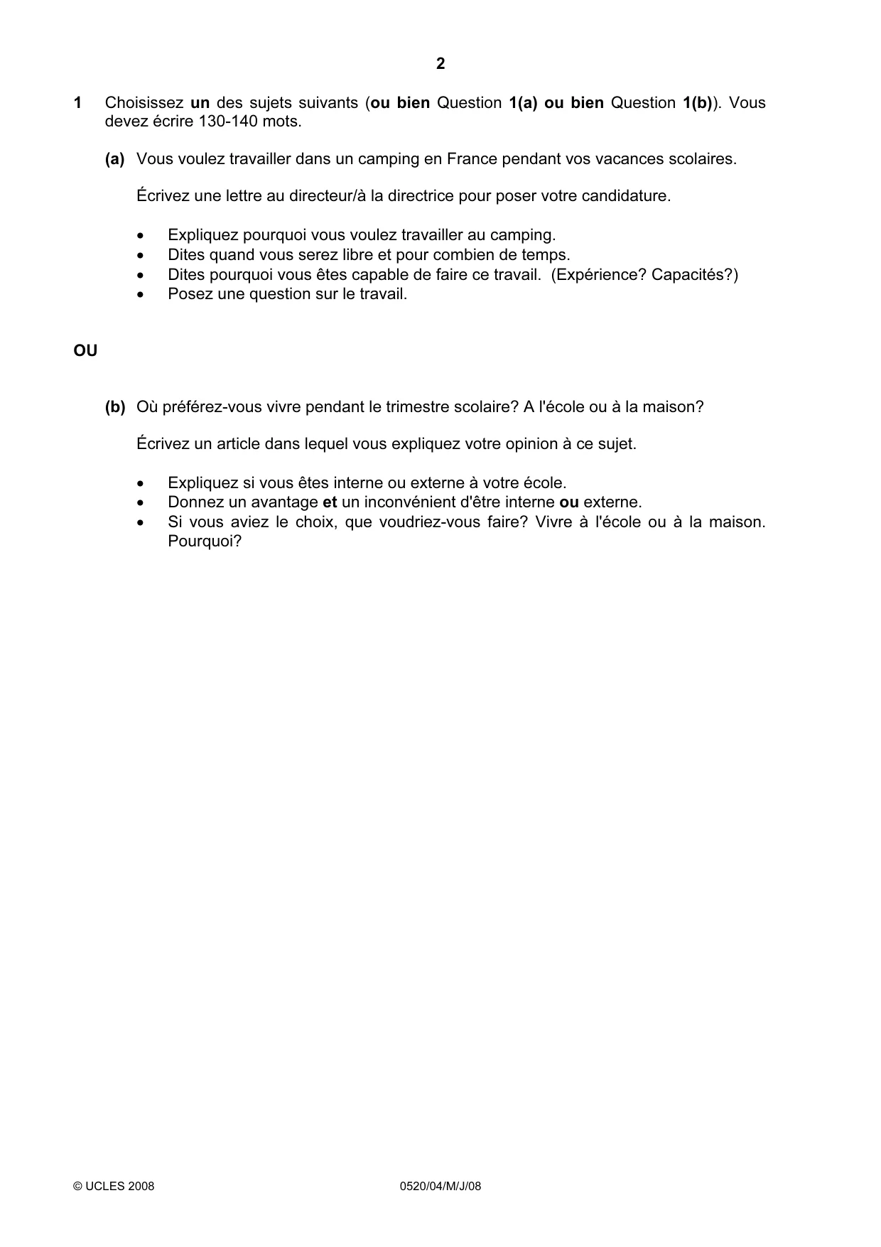 Cambridge IGCSE French - Foreign Language 0520 2008 May/June Paper 4 · Variant 1 question paper, page 2 of 4