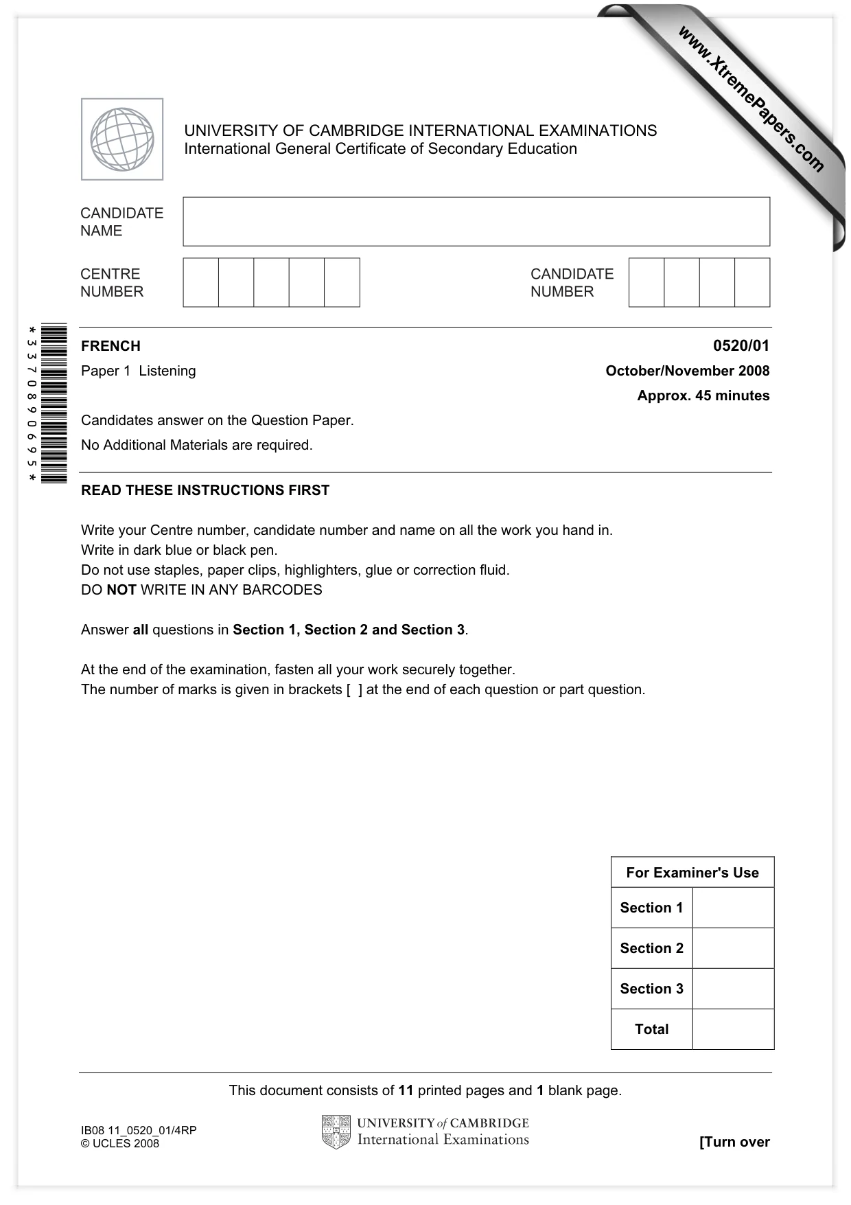 Cambridge IGCSE French - Foreign Language 0520 2008 Oct/Nov Paper 1 · Variant 0 question paper, page 1 of 12