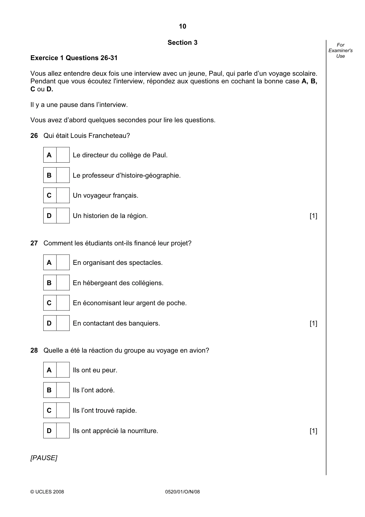 Cambridge IGCSE French - Foreign Language 0520 2008 Oct/Nov Paper 1 · Variant 0 question paper, page 10 of 12