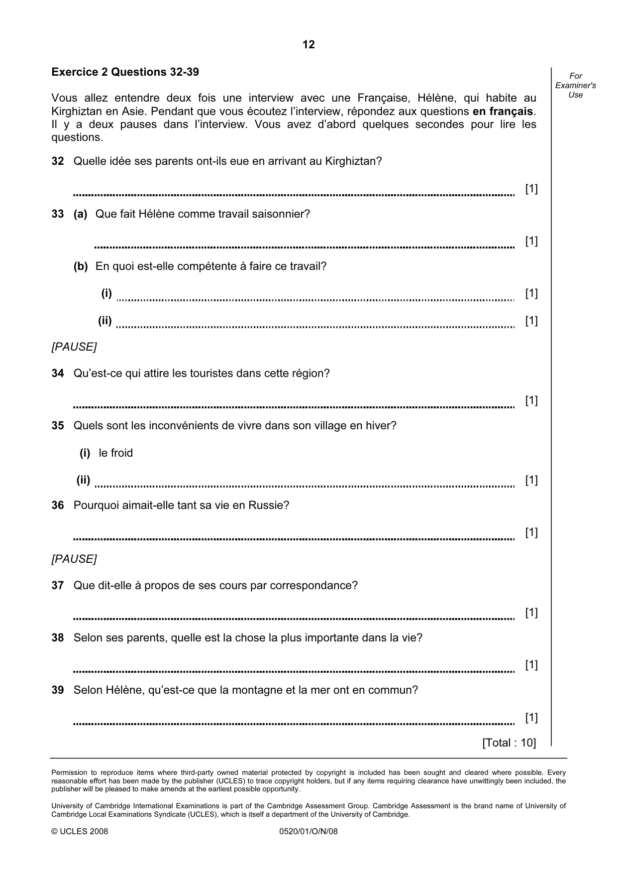 Cambridge IGCSE French - Foreign Language 0520 2008 Oct/Nov Paper 1 · Variant 0 question paper, page 12 of 12