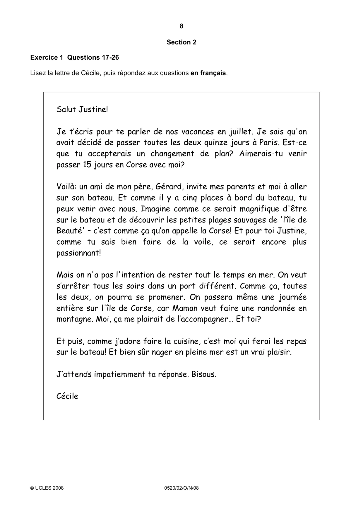 Cambridge IGCSE French - Foreign Language 0520 2008 Oct/Nov Paper 2 · Variant 0 question paper, page 8 of 16