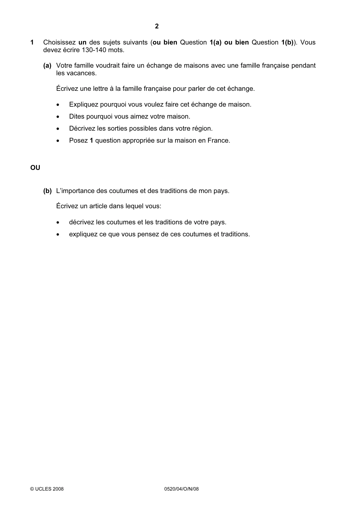 Cambridge IGCSE French - Foreign Language 0520 2008 Oct/Nov Paper 4 · Variant 0 question paper, page 2 of 4