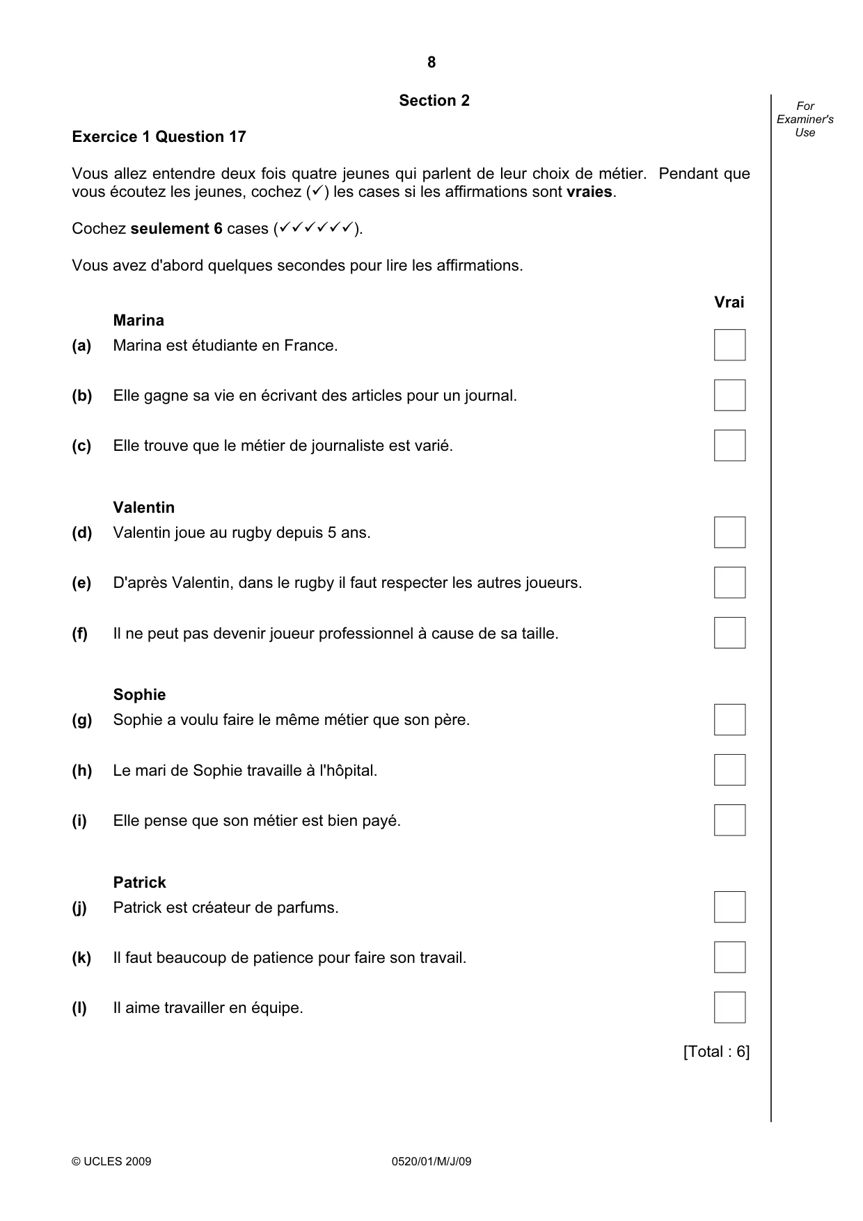 Cambridge IGCSE French - Foreign Language 0520 2009 May/June Paper 1 · Variant 1 question paper, page 8 of 12