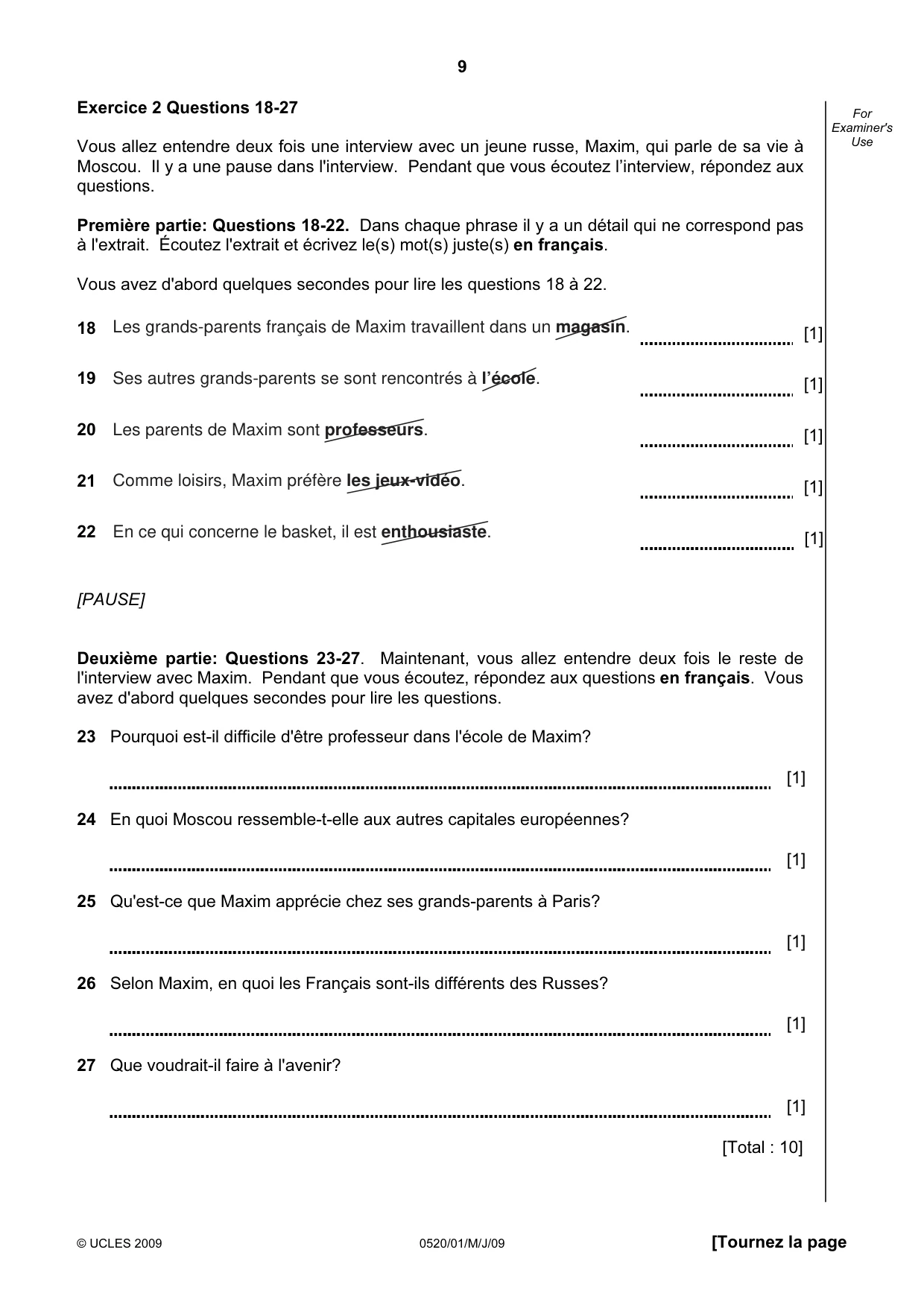 Cambridge IGCSE French - Foreign Language 0520 2009 May/June Paper 1 · Variant 1 question paper, page 9 of 12