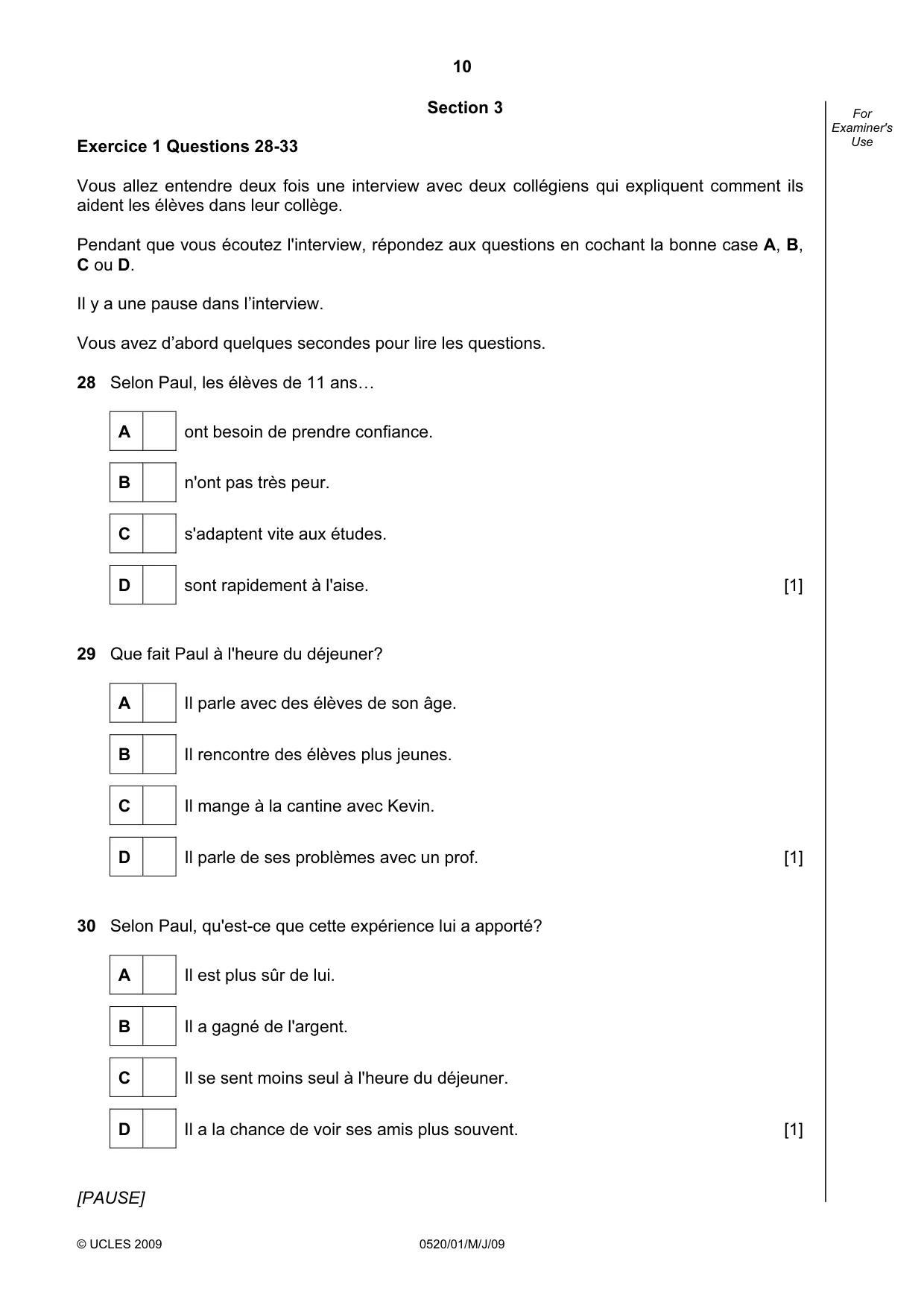 Cambridge IGCSE French - Foreign Language 0520 2009 May/June Paper 1 · Variant 1 question paper, page 10 of 12