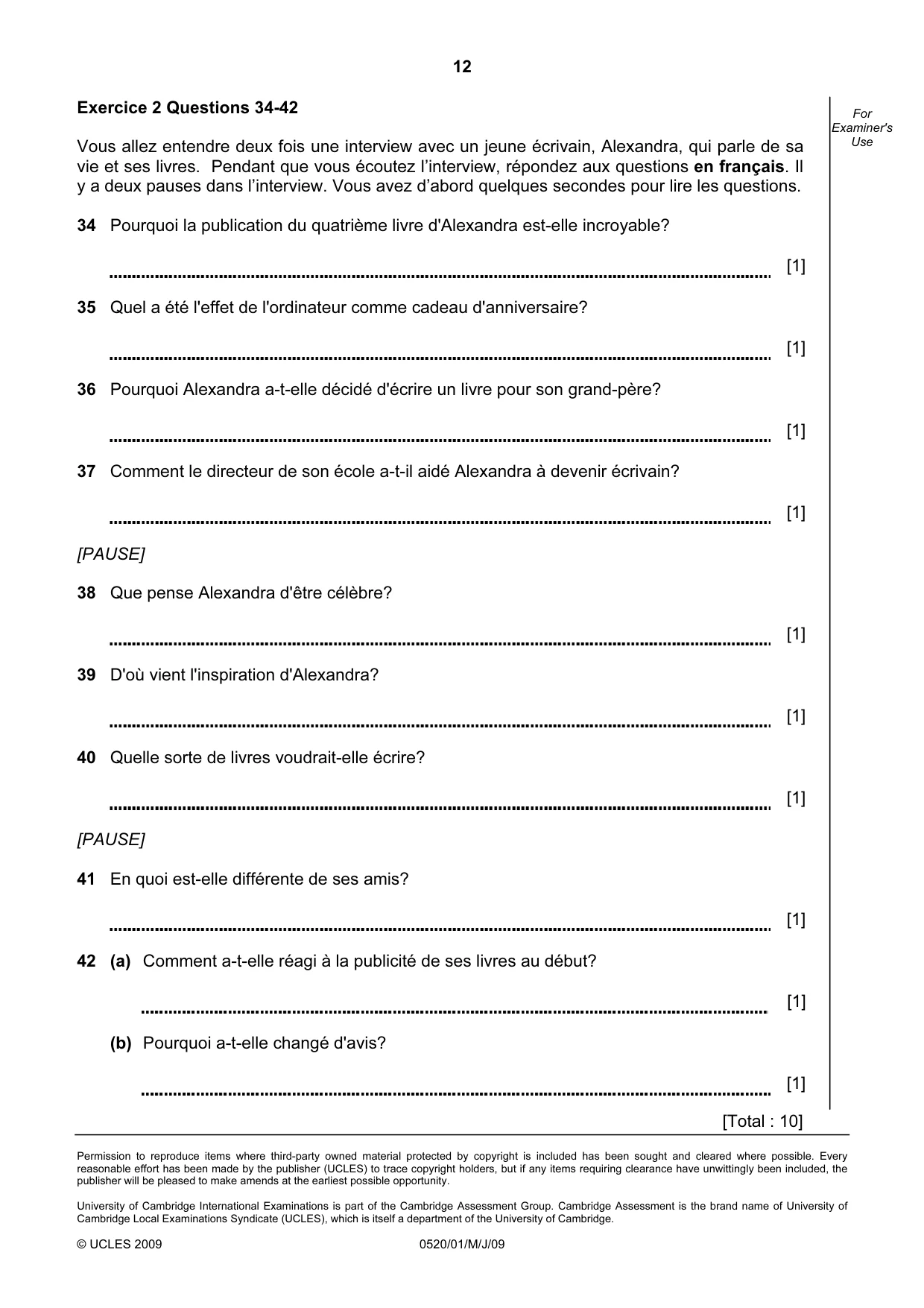 Cambridge IGCSE French - Foreign Language 0520 2009 May/June Paper 1 · Variant 1 question paper, page 12 of 12