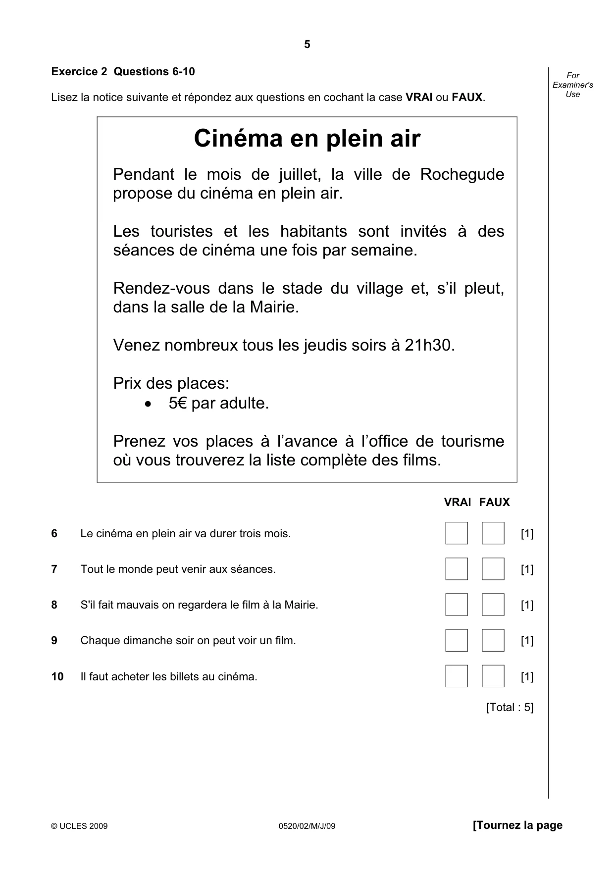 Cambridge IGCSE French - Foreign Language 0520 2009 May/June Paper 2 · Variant 1 question paper, page 5 of 16
